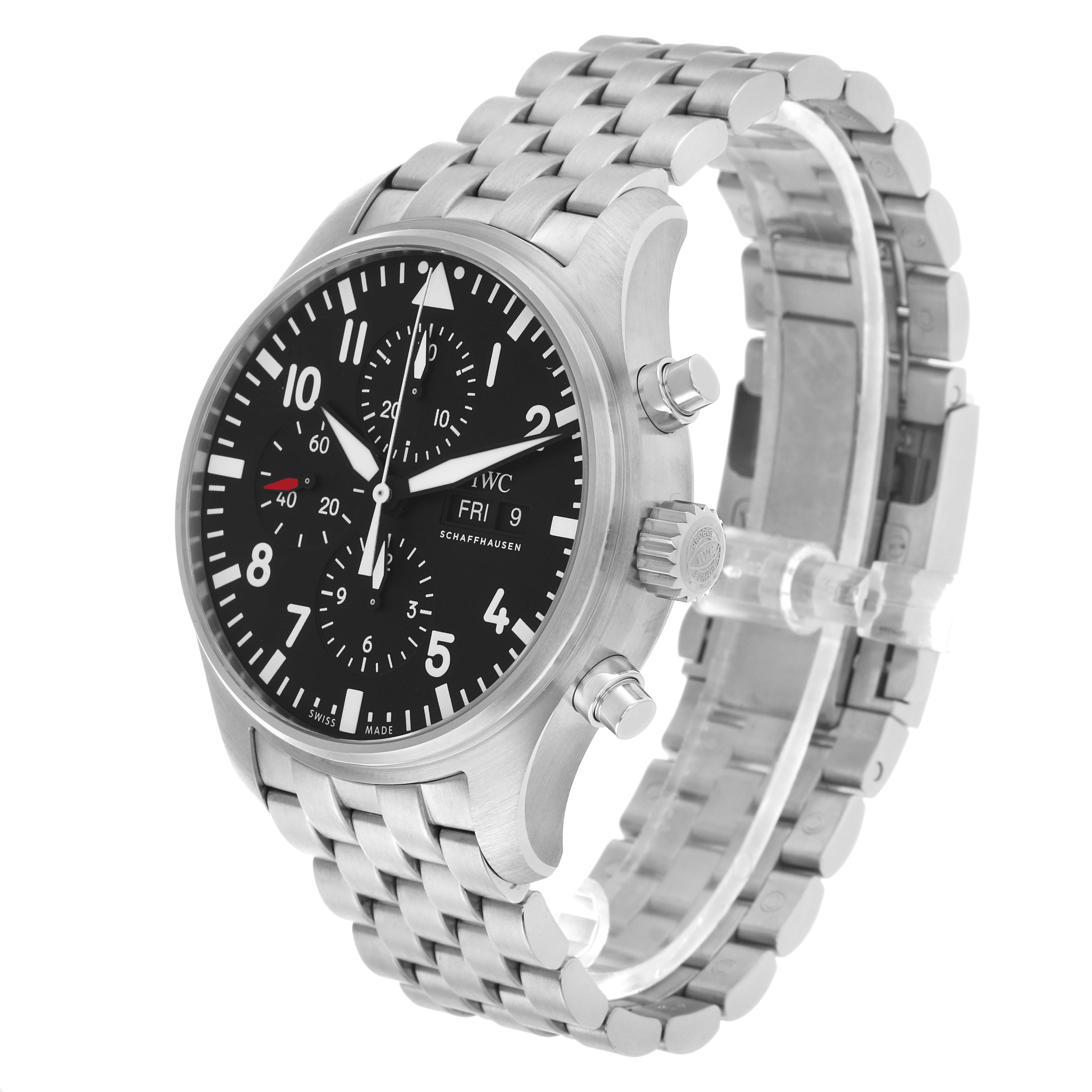 The IWC Pilot IW377710 Men's Stainless Steel Black Dial model watch is shown from a three-quarter angle, highlighting the face, crown, and bracelet.