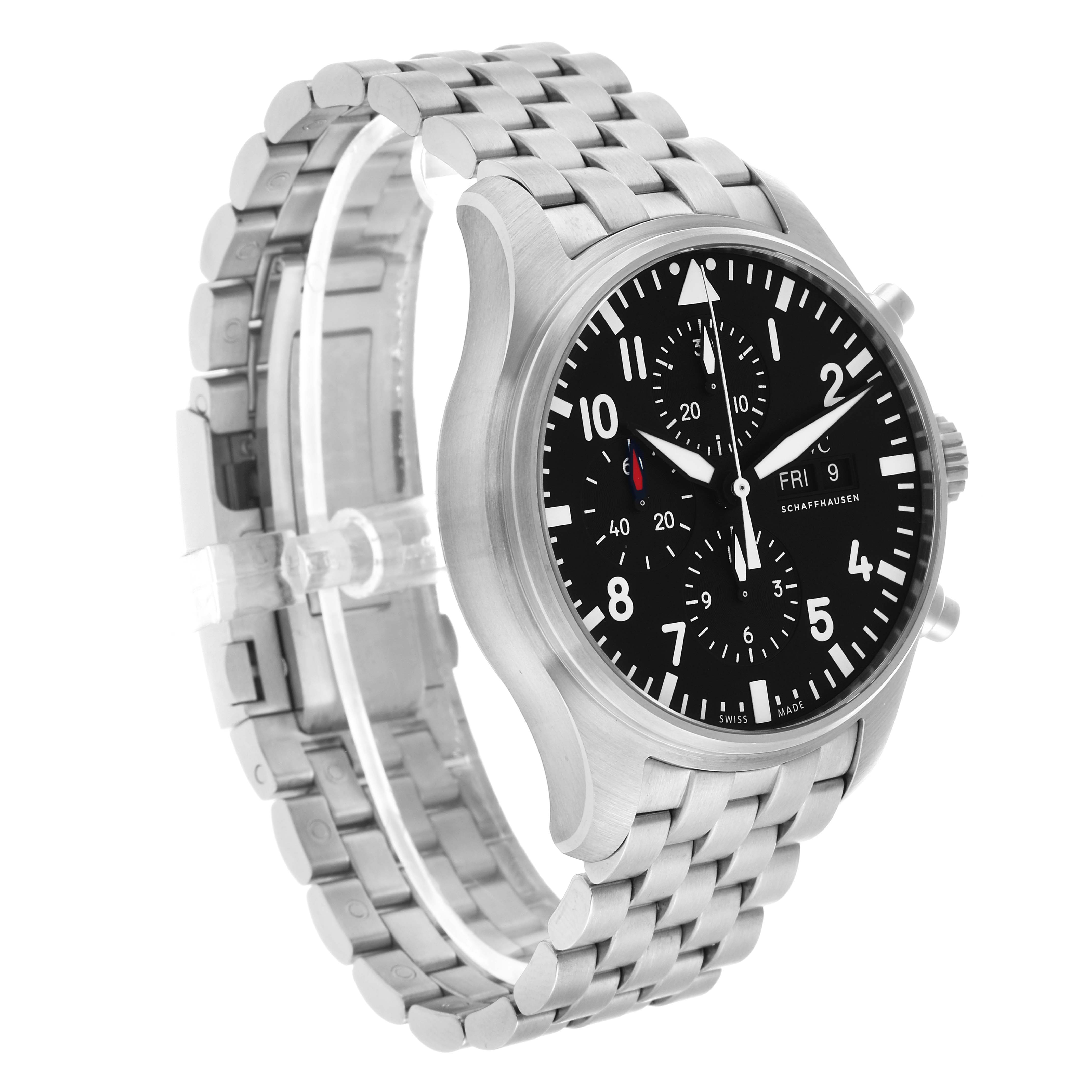 The IWC Pilot IW377710 Men's Stainless Steel Black Dial watch is shown at a front angle with its stainless steel bracelet and black dial visible.