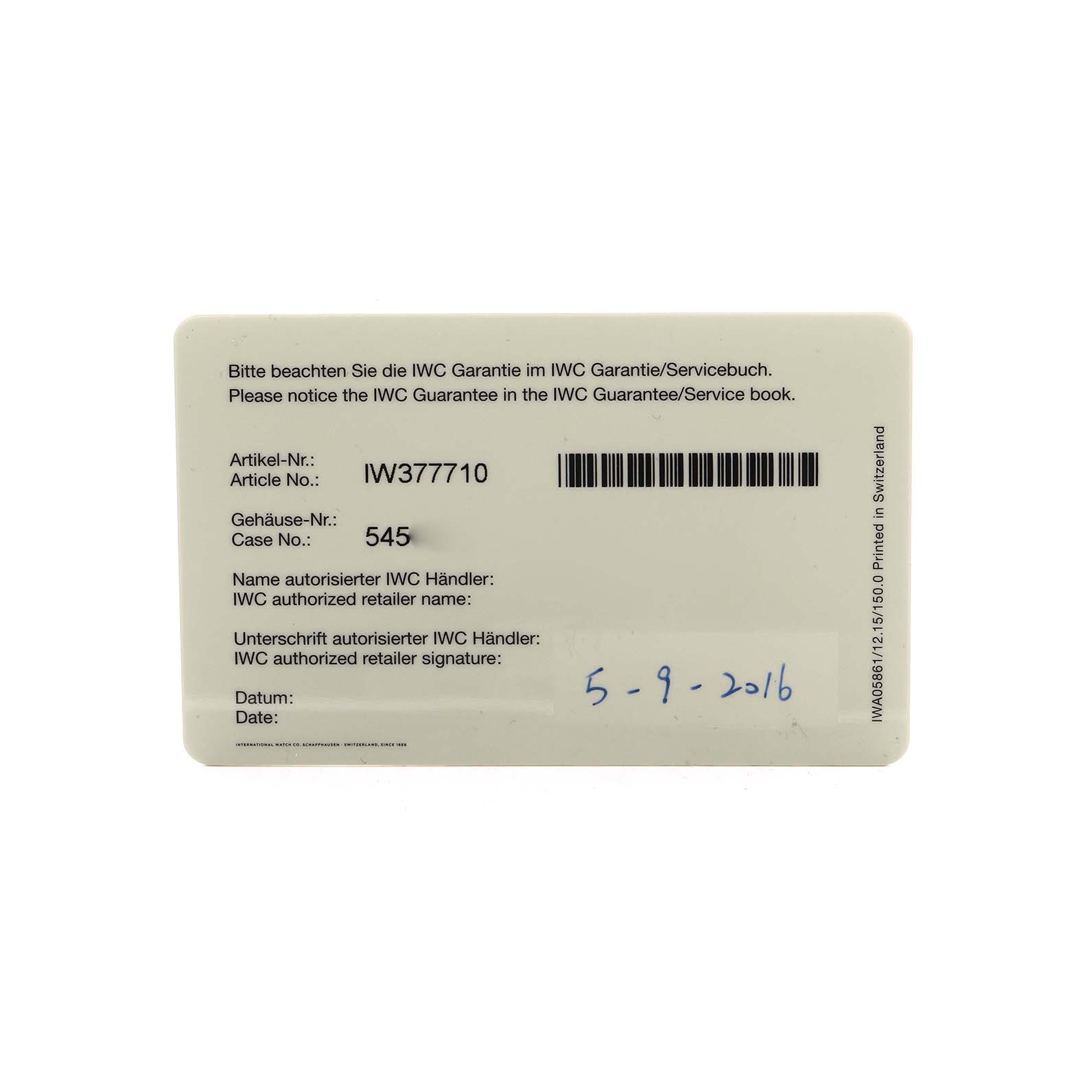 The image shows an IWC Pilot IW377710 Men's Stainless Steel Black Dial model guarantee card with details like article and case numbers.