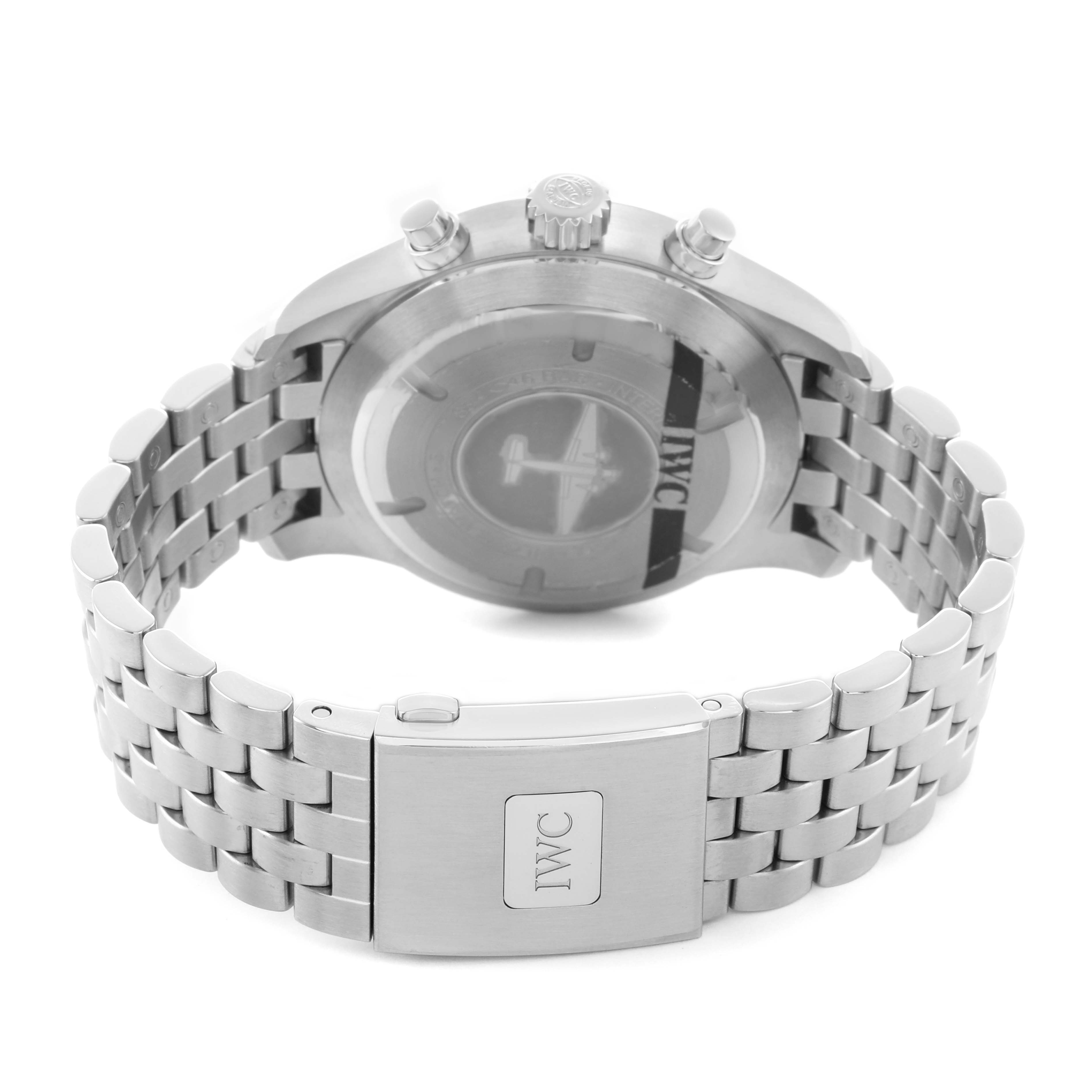 The IWC Pilot IW377710 Men's Stainless Steel Black Dial watch is shown from the back, displaying the case back, bracelet, and clasp with the IWC logo.