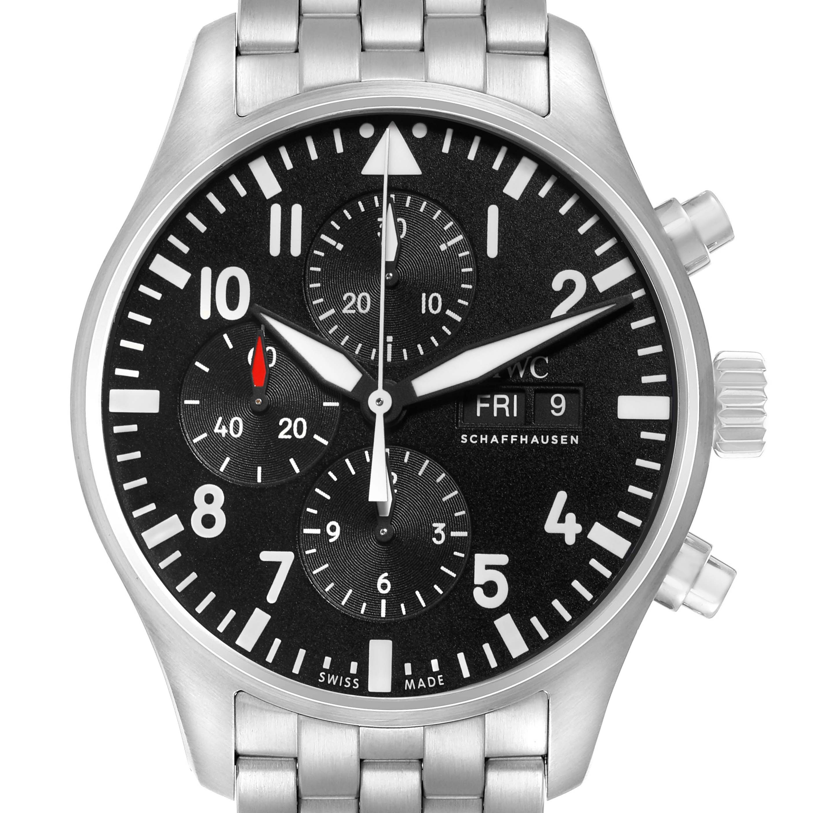 The IWC Pilot IW377710 Men's Stainless Steel Black Dial watch is shown from the front, displaying its dial, subdials, bracelet, and crown.