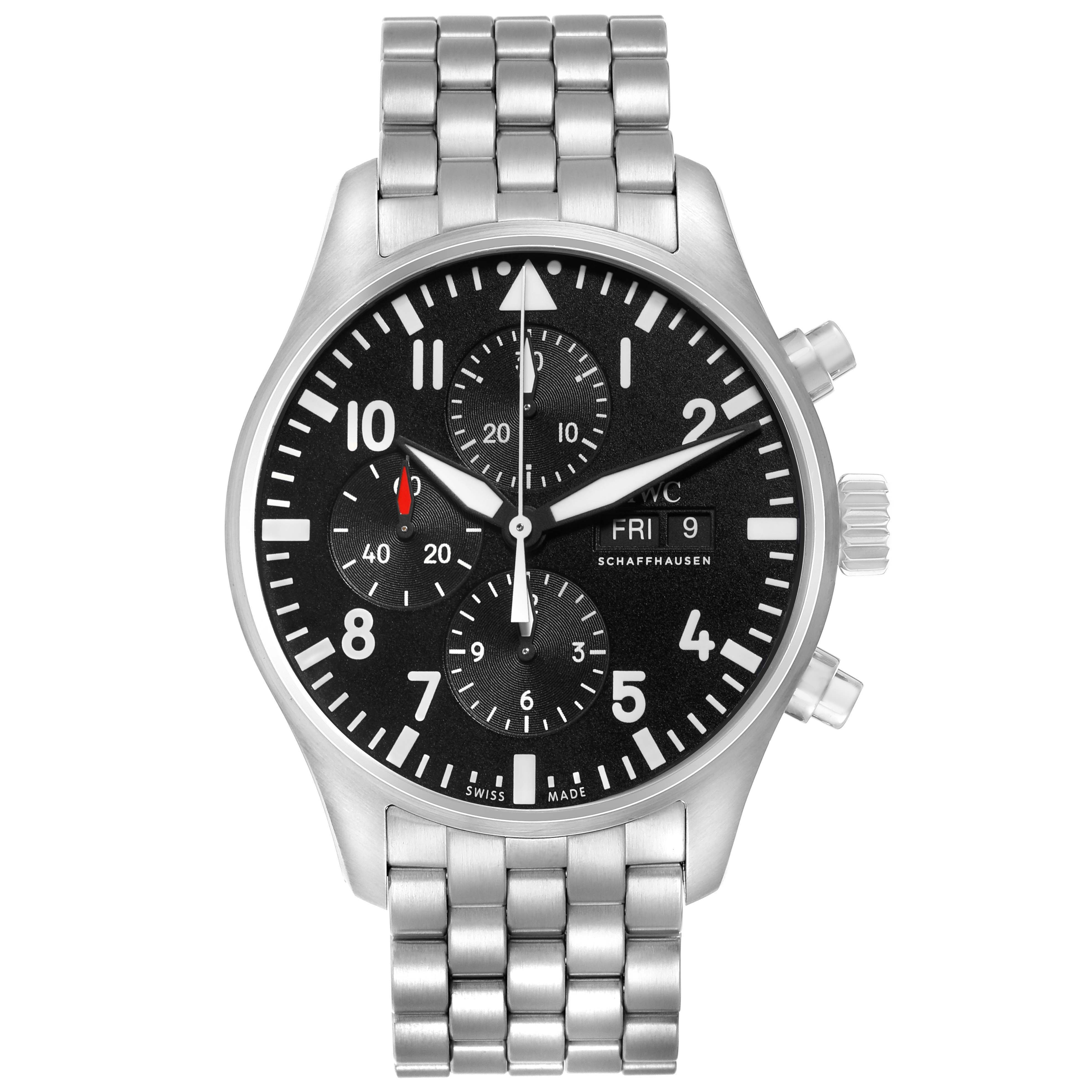 The IWC Pilot IW377710 Men's Stainless Steel Black Dial watch is shown from the front, displaying its dial, chronograph sub-dials, date window, and stainless steel bracelet.