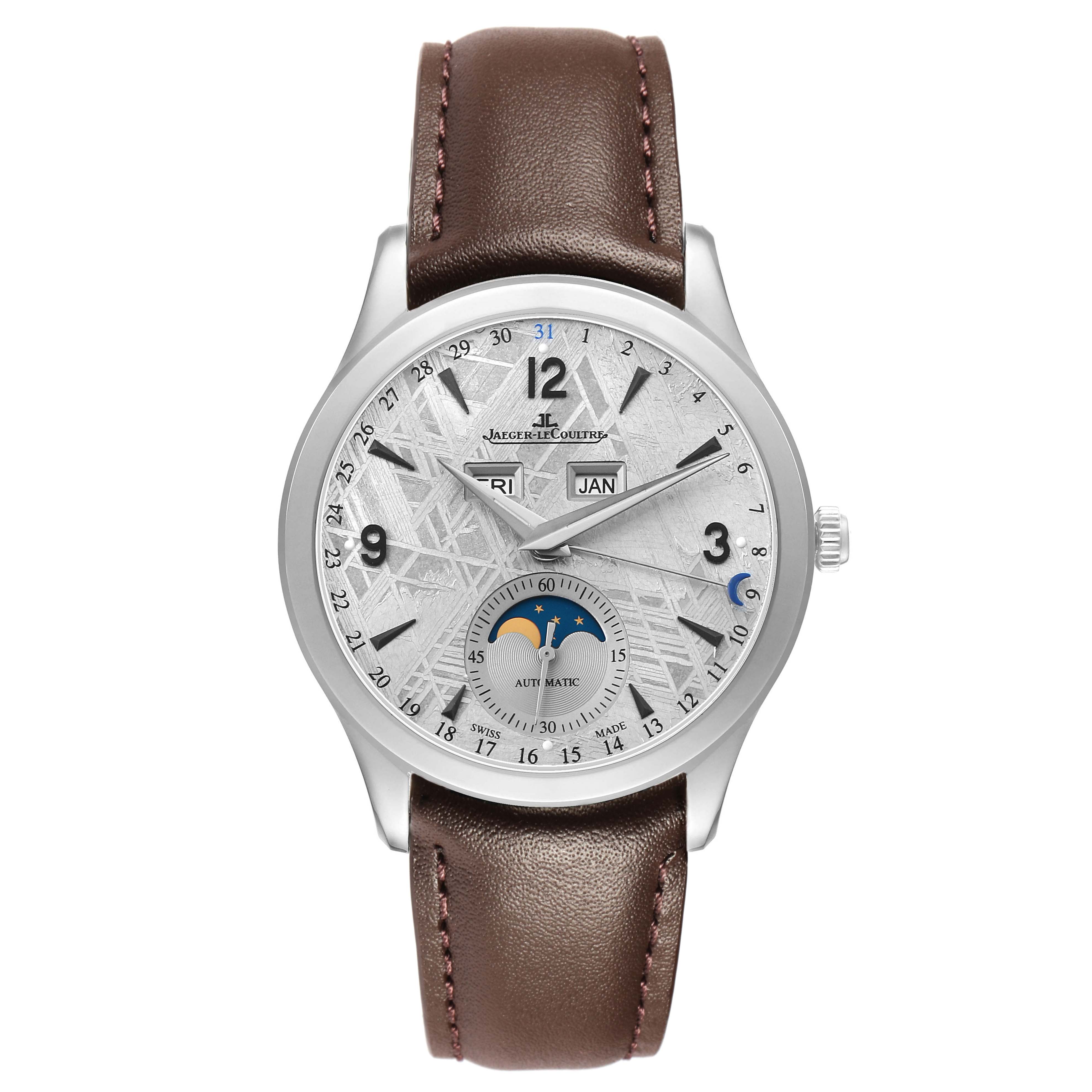 The Jaeger-LeCoultre Master model watch is shown face-on, displaying the dial, hands, calendar, and moon phase features.