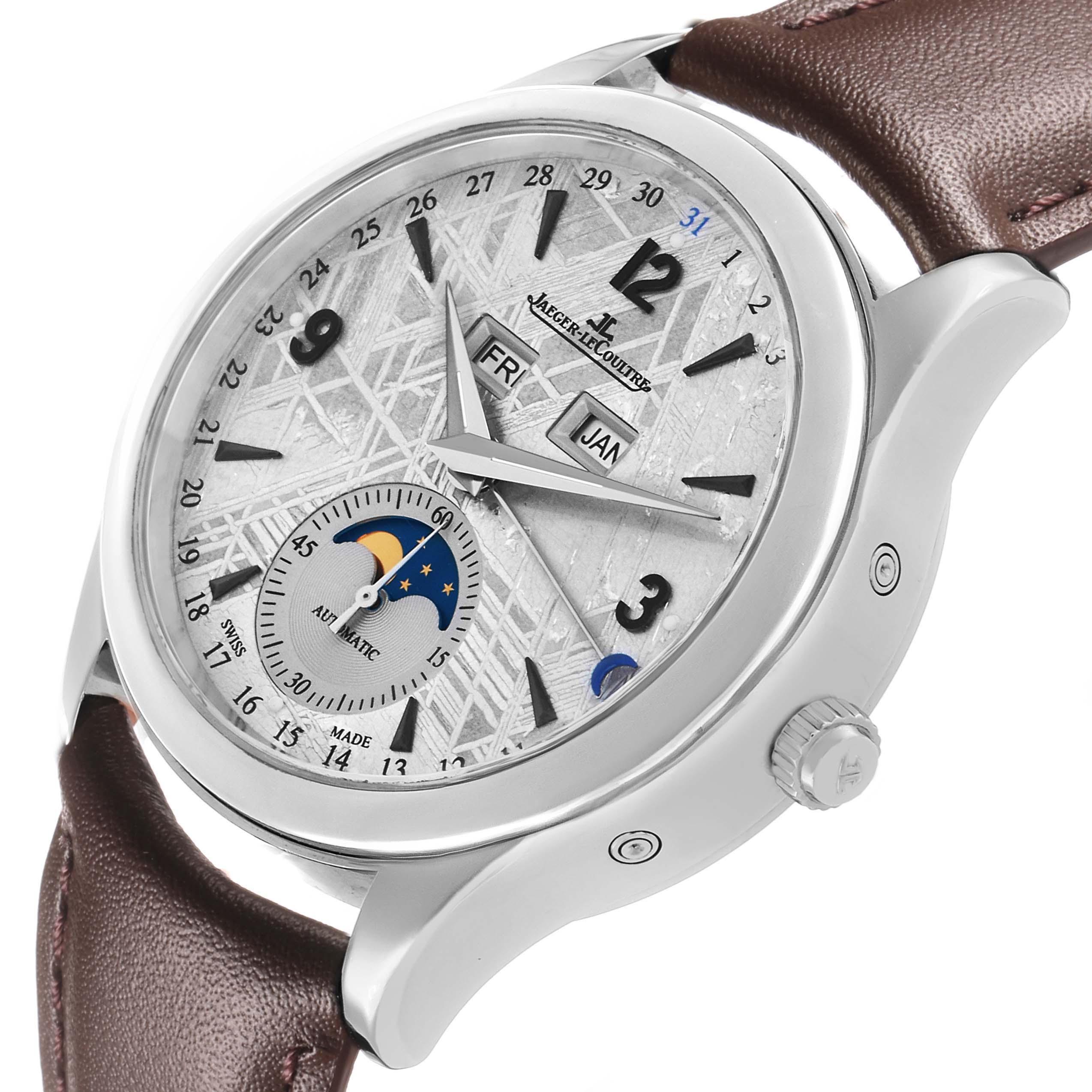 The Jaeger-LeCoultre Master watch is shown at a slight angle, displaying the dial, date, day, month, moon phase, and leather strap.