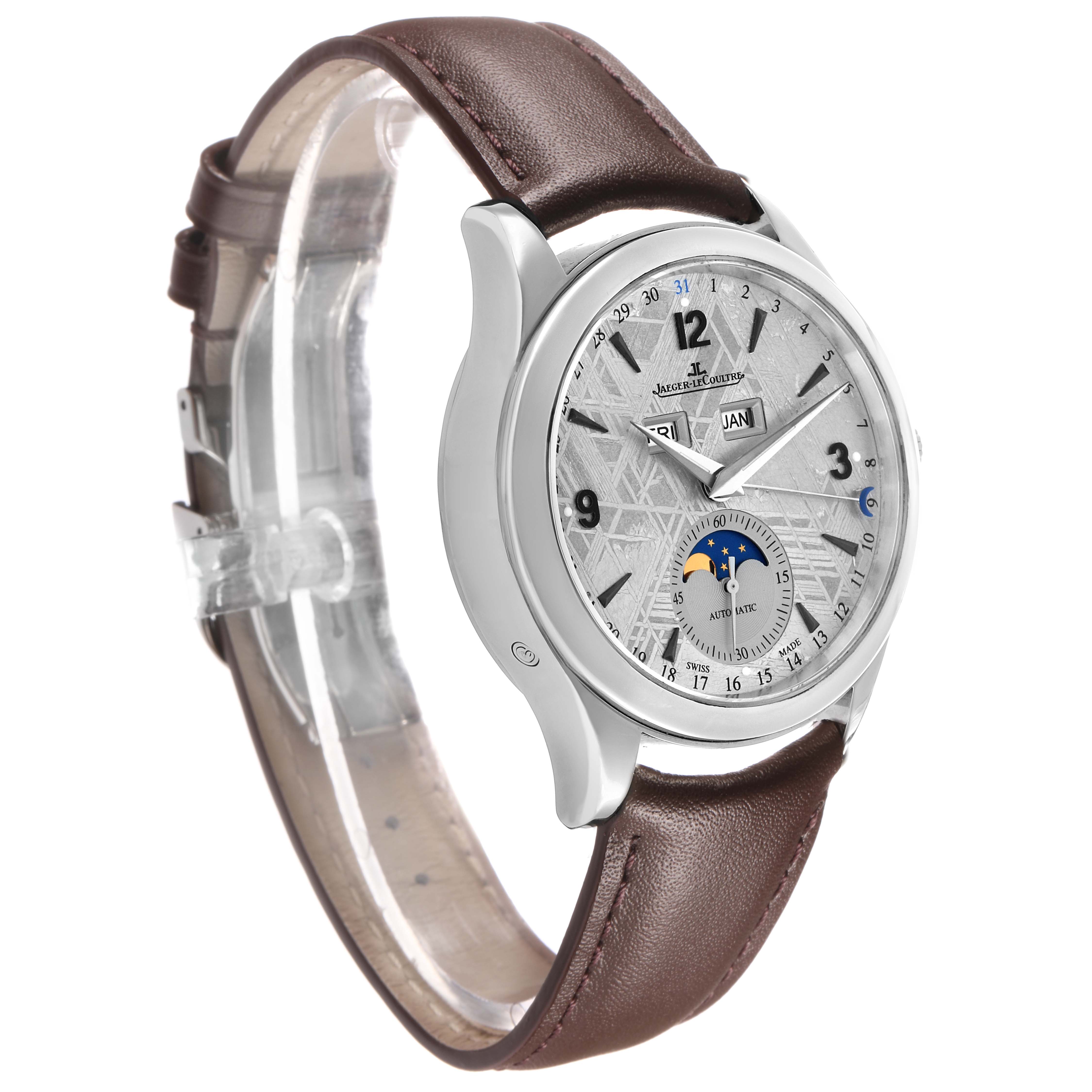 The Jaeger LeCoultre Master Q1558421 Men's Stainless Steel Silver Dial watch is shown at a three-quarter angle, displaying the dial, bezel, and leather strap.