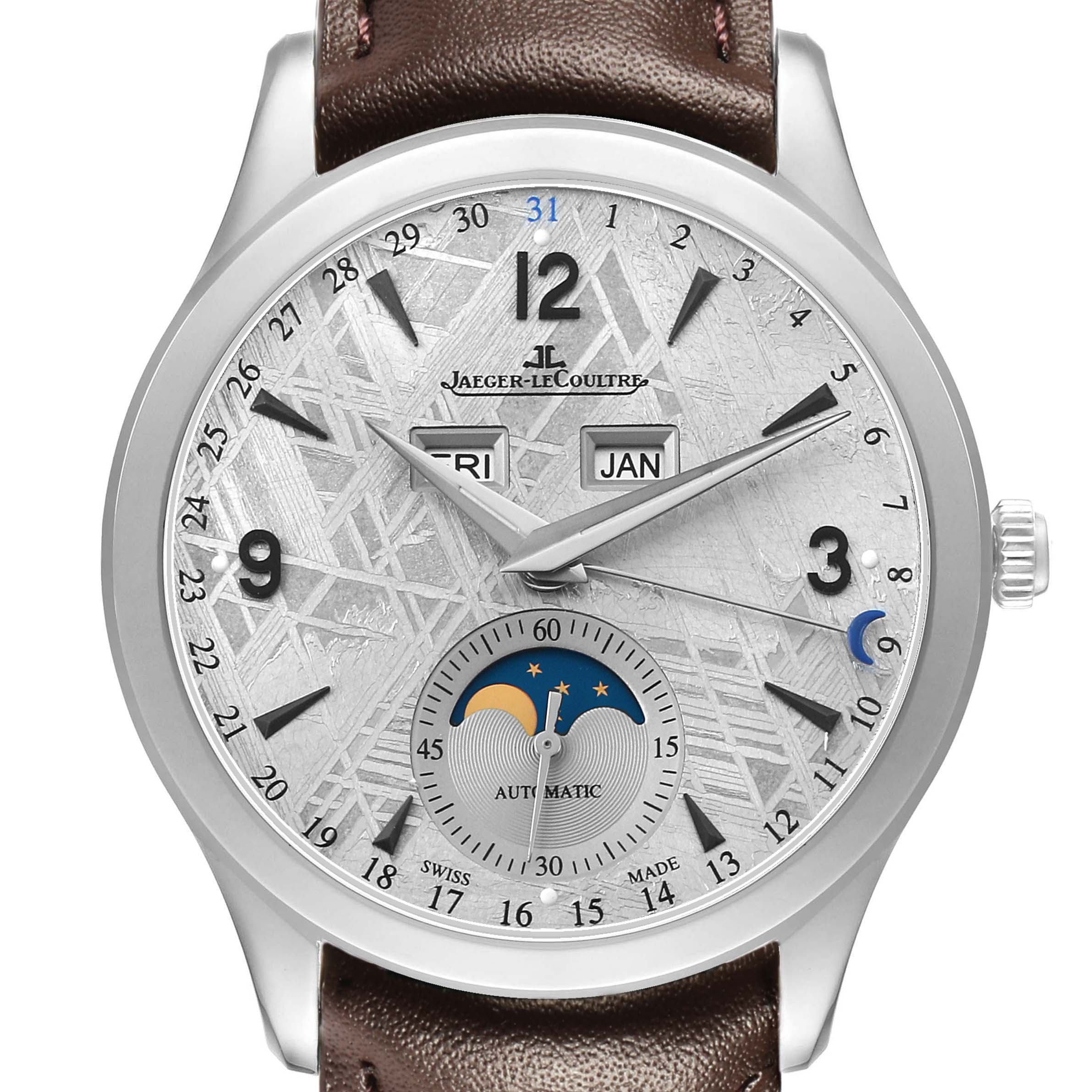 The Jaeger LeCoultre Master Q1558421 Men's Stainless Steel Silver Dial watch is shown from a front angle, displaying the dial, moonphase, and calendar features.