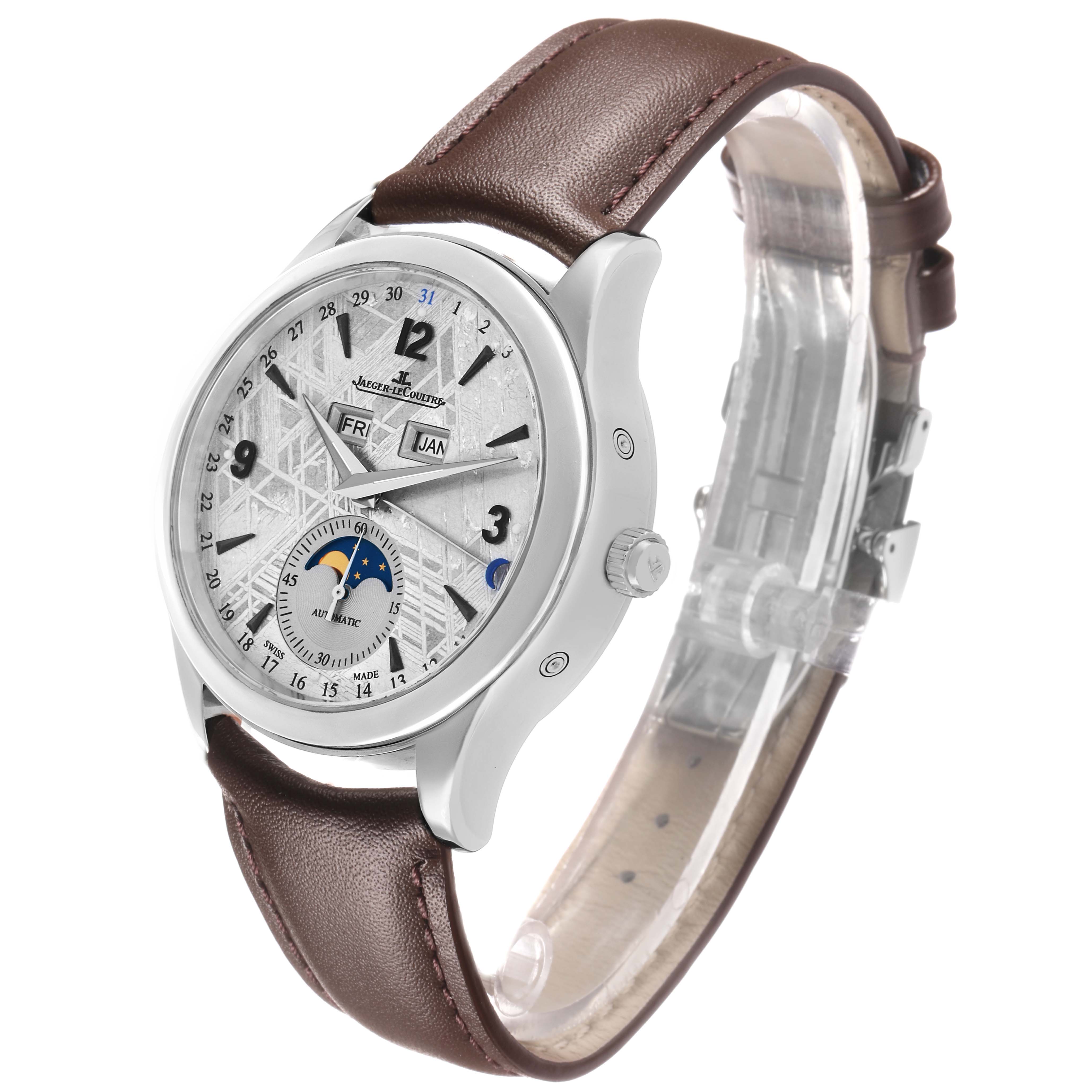 The Jaeger LeCoultre Master Q1558421 Men's Stainless Steel Silver Dial watch is shown at a three-quarter angle, displaying its face, side case, leather strap, and clasp.