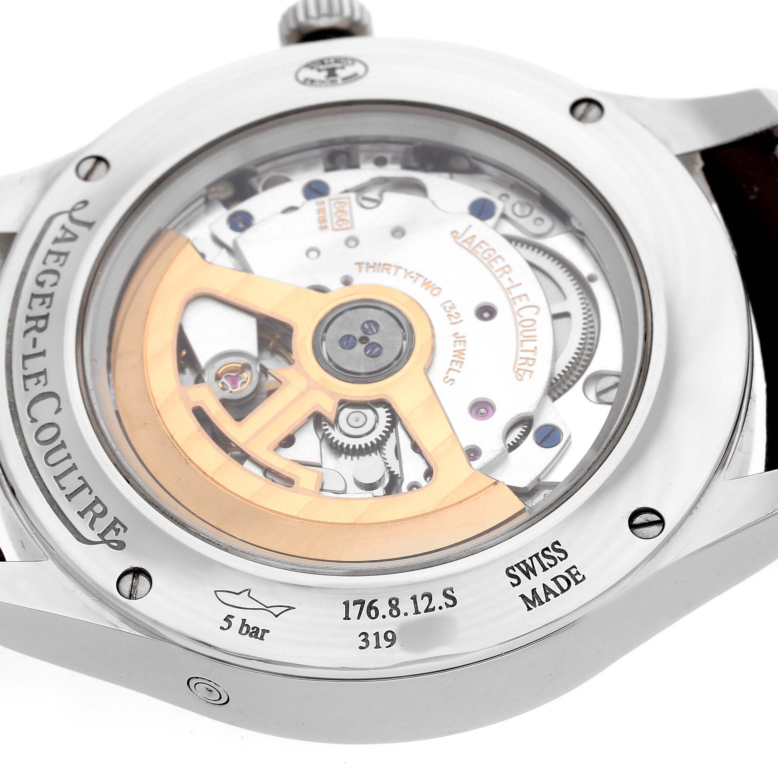 The image shows the back of a Jaeger-LeCoultre Master watch, displaying its movement and rotor from a slight angle.