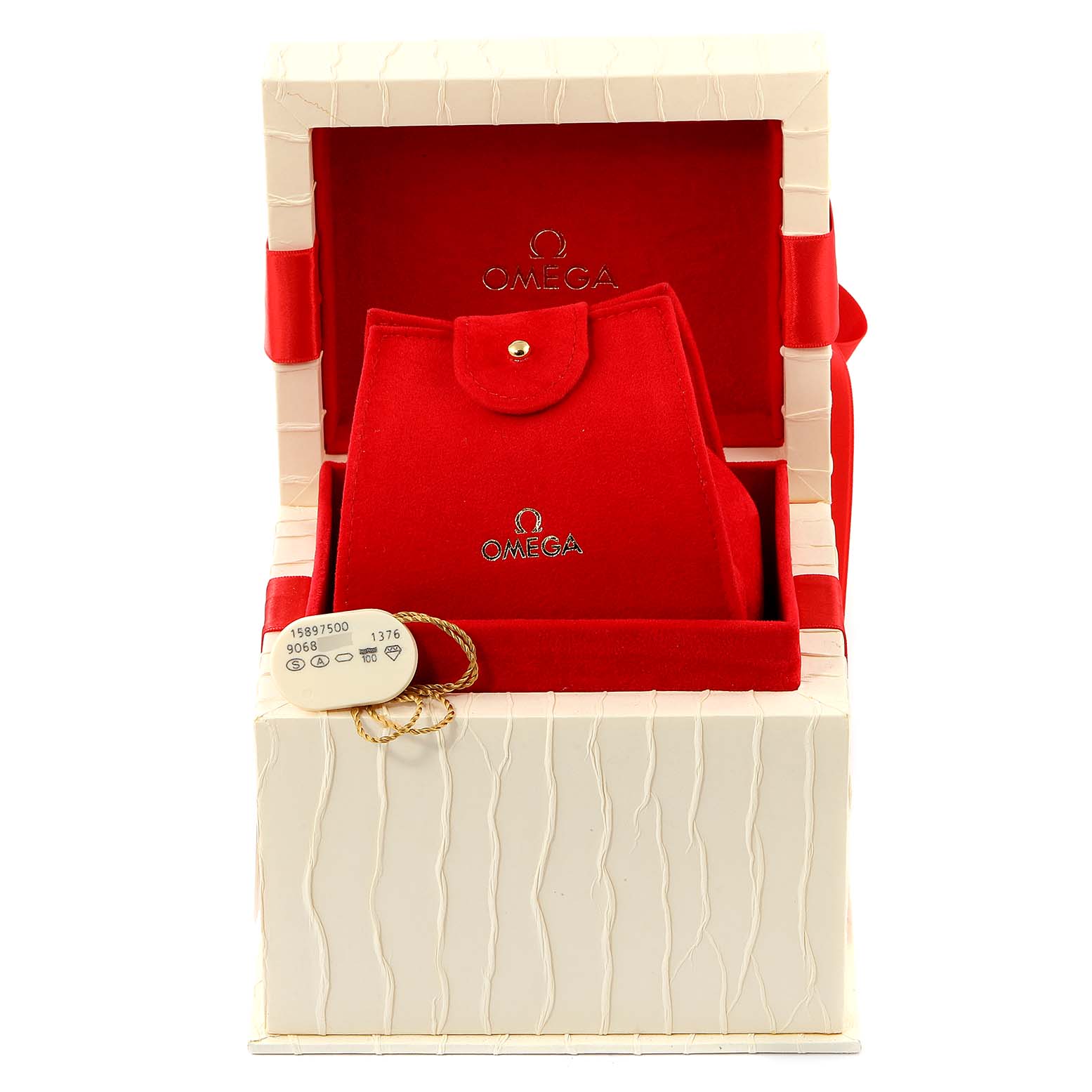 The image shows an Omega 1589.75.00 Women's Stainless Steel Mother of Pearl Dial 1589.75.00 Women's Stainless Steel Mother of Pearl Dial Constellation MOP Diamond Steel Ladies Watch 1589.75.00 in its red presentation box with the watch tags on display.