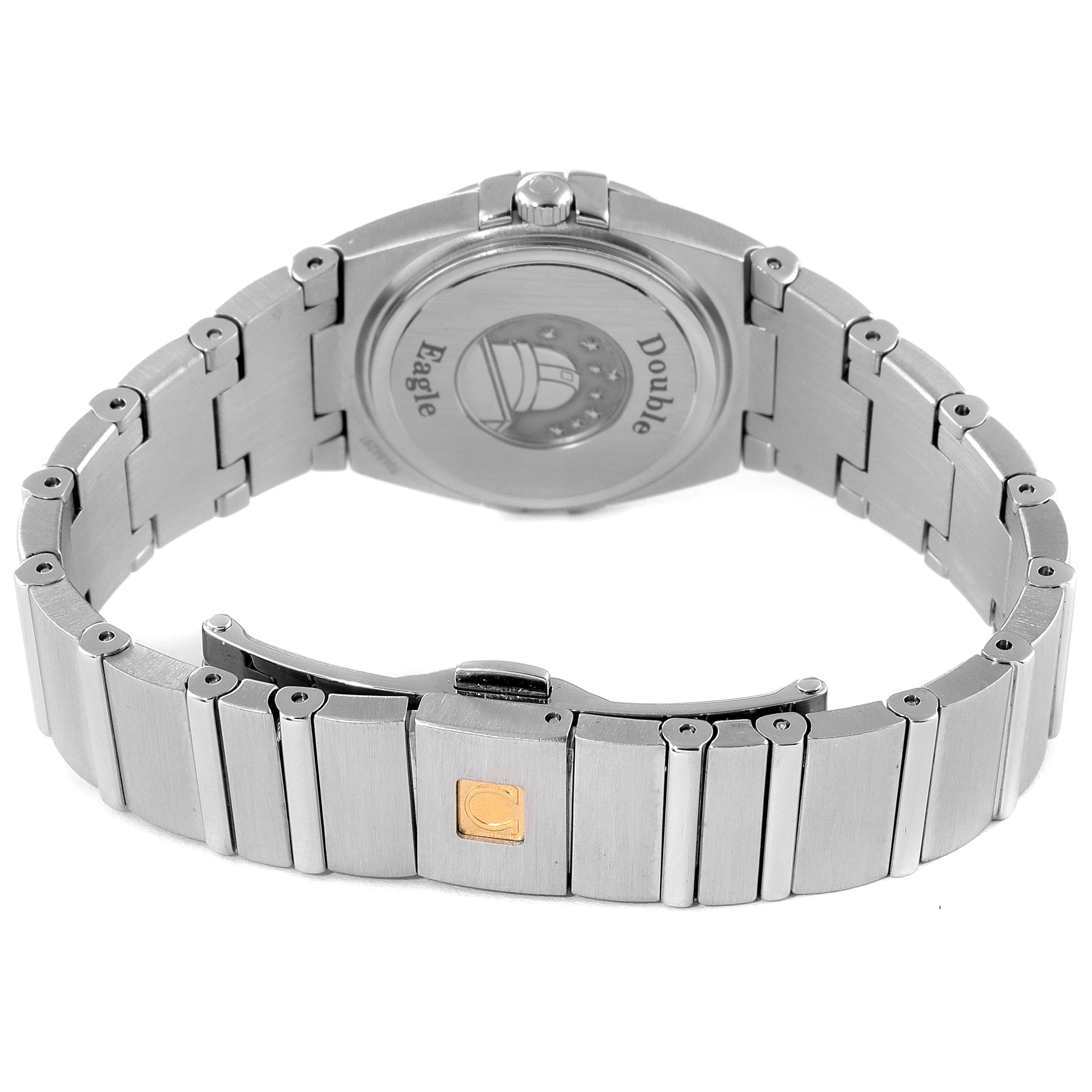The image shows the back view of an Omega 1589.75.00 Women's Stainless Steel Mother of Pearl Dial 1589.75.00 Women's Stainless Steel Mother of Pearl Dial Constellation MOP Diamond Steel Ladies Watch 1589.75.00, highlighting the clasp and bracelet.