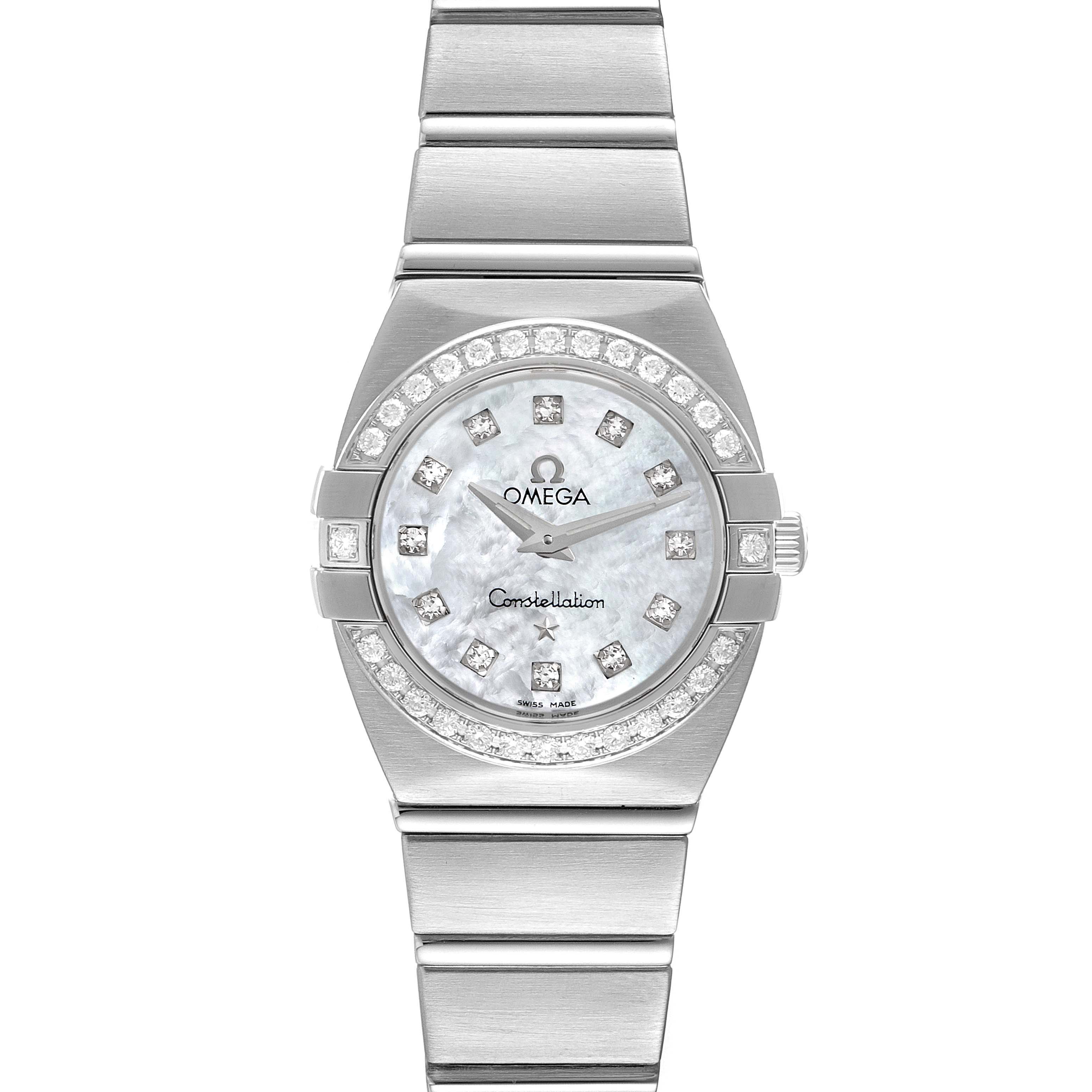 The Omega 1589.75.00 Women's Stainless Steel Mother of Pearl Dial 1589.75.00 Women's Stainless Steel Mother of Pearl Dial Constellation MOP Diamond Steel Ladies Watch 1589.75.00 is shown from a front view, displaying the bracelet, case, crown, and diamond-set bezel.