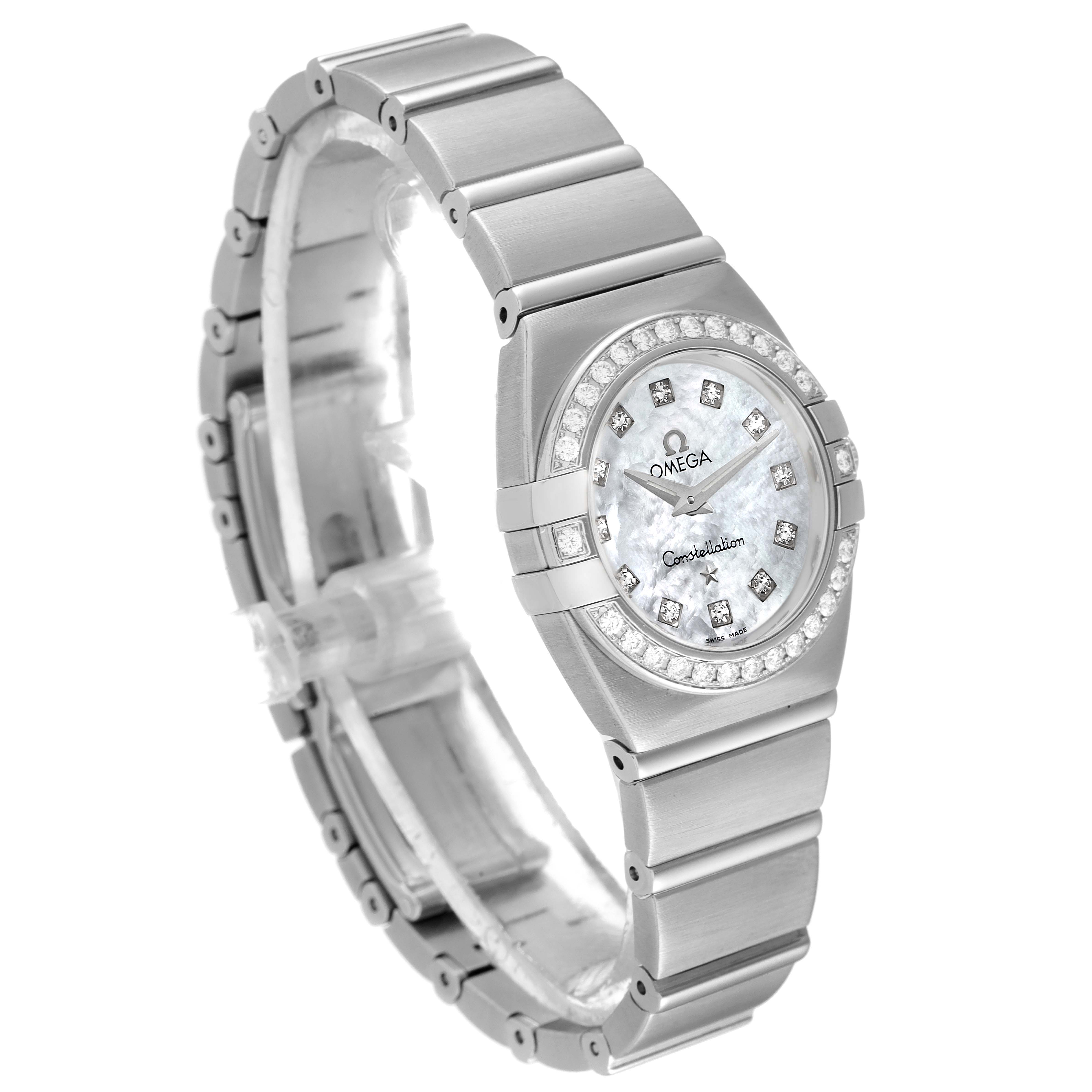 The image shows a side-angle view of the Omega 1589.75.00 Women's Stainless Steel Mother of Pearl Dial 1589.75.00 Women's Stainless Steel Mother of Pearl Dial Constellation MOP Diamond Steel Ladies Watch 1589.75.00, highlighting its band, bezel, and face.