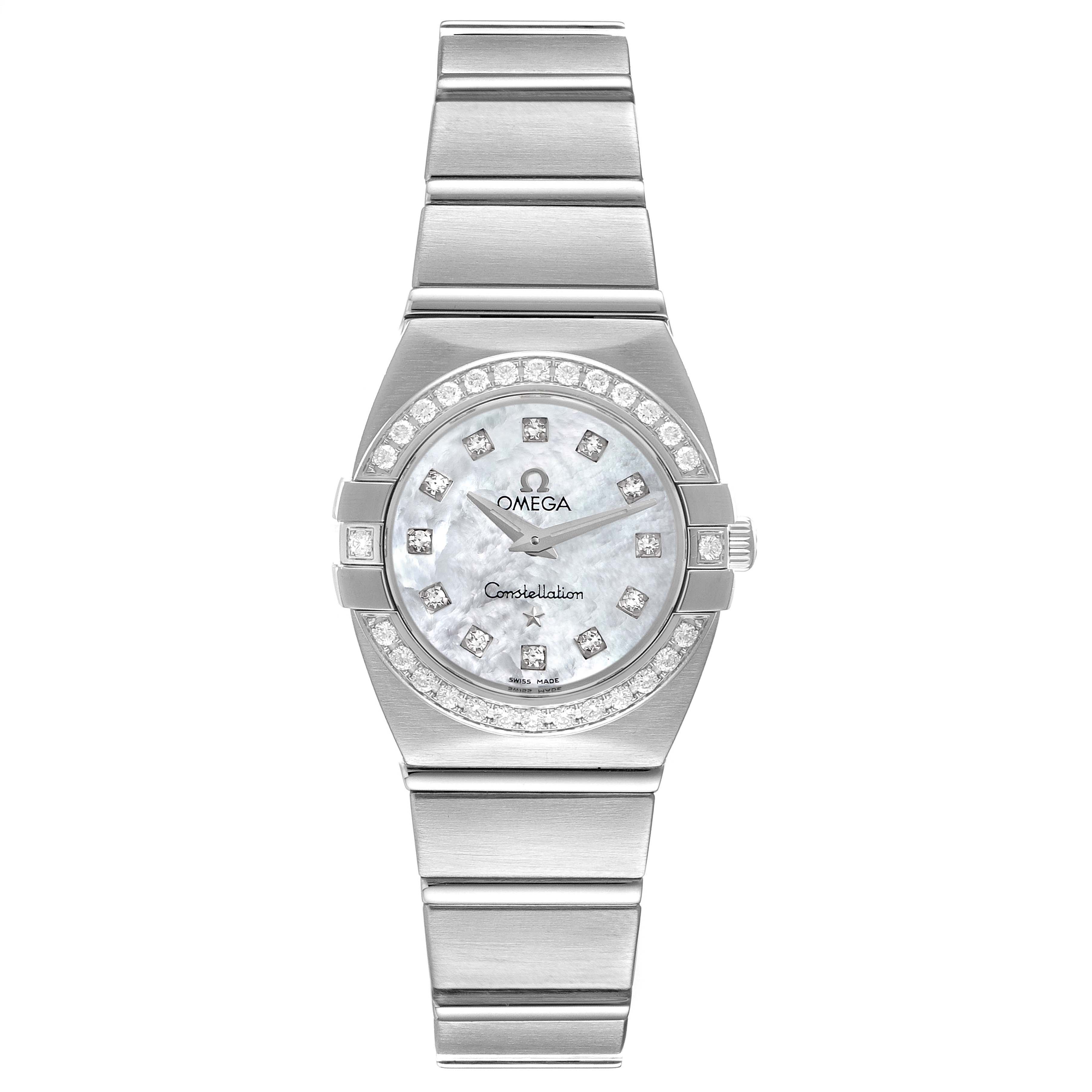 The Omega 1589.75.00 Women's Stainless Steel Mother of Pearl Dial 1589.75.00 Women's Stainless Steel Mother of Pearl Dial Constellation MOP Diamond Steel Ladies Watch 1589.75.00 is shown from a front angle, detailing its bracelet, dial, and diamonds.