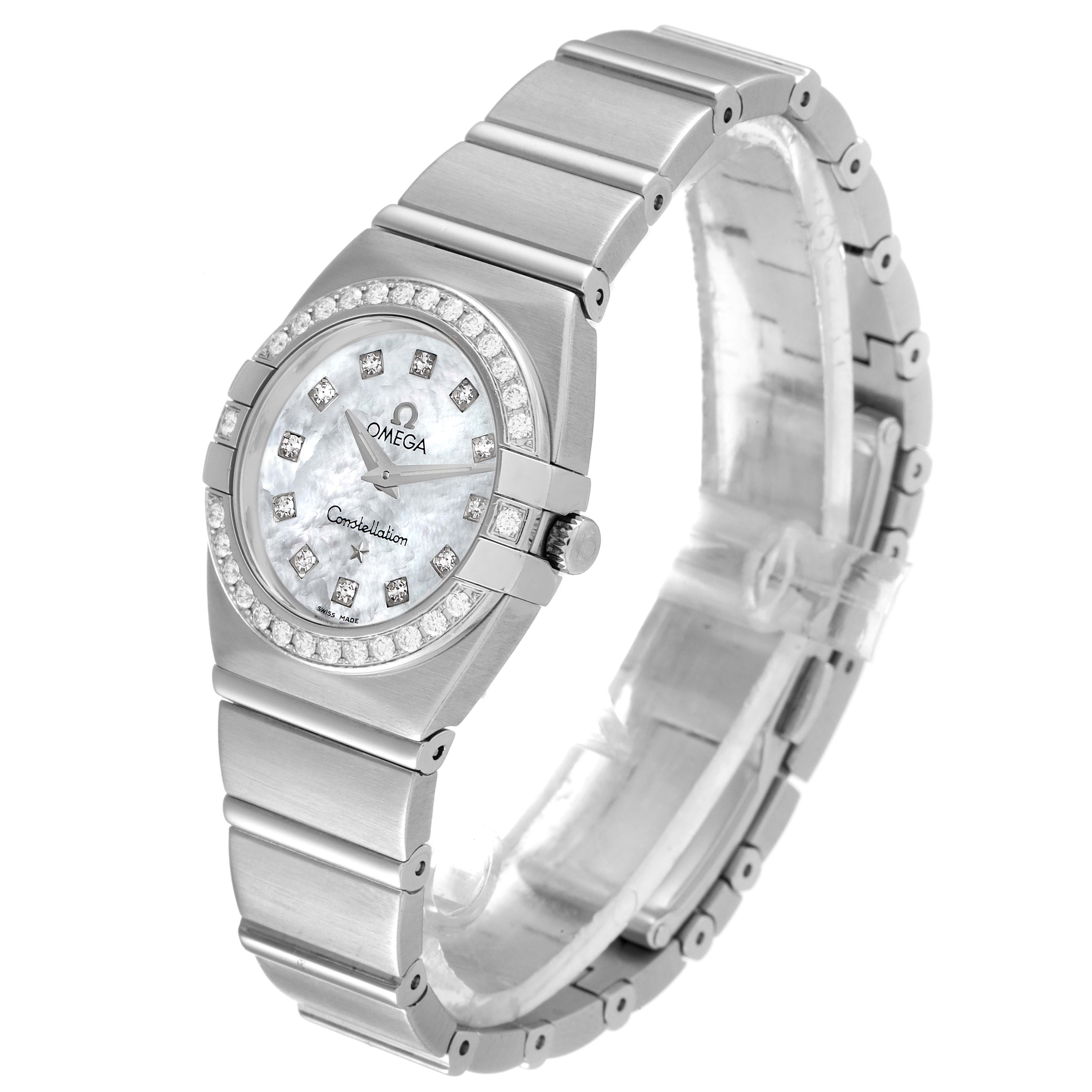 The image shows the front and side view of the Omega 1589.75.00 Women's Stainless Steel Mother of Pearl Dial 1589.75.00 Women's Stainless Steel Mother of Pearl Dial Constellation MOP Diamond Steel Ladies Watch 1589.75.00.