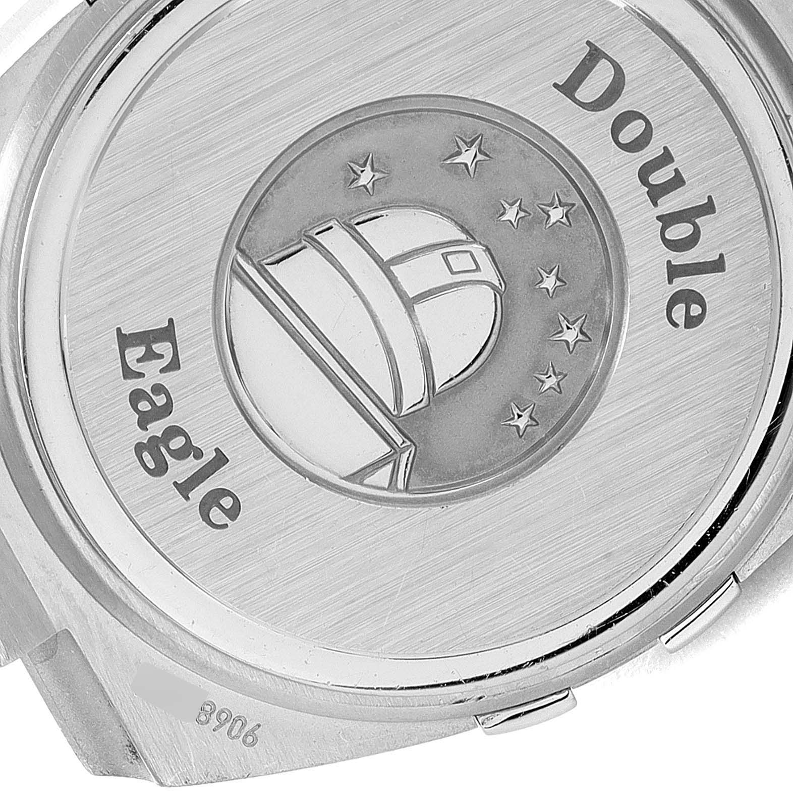 The image shows the back case of the Omega 1589.75.00 Women's Stainless Steel Mother of Pearl Dial 1589.75.00 Women's Stainless Steel Mother of Pearl Dial Constellation MOP Diamond Steel Ladies Watch 1589.75.00 with the Double Eagle engraving.