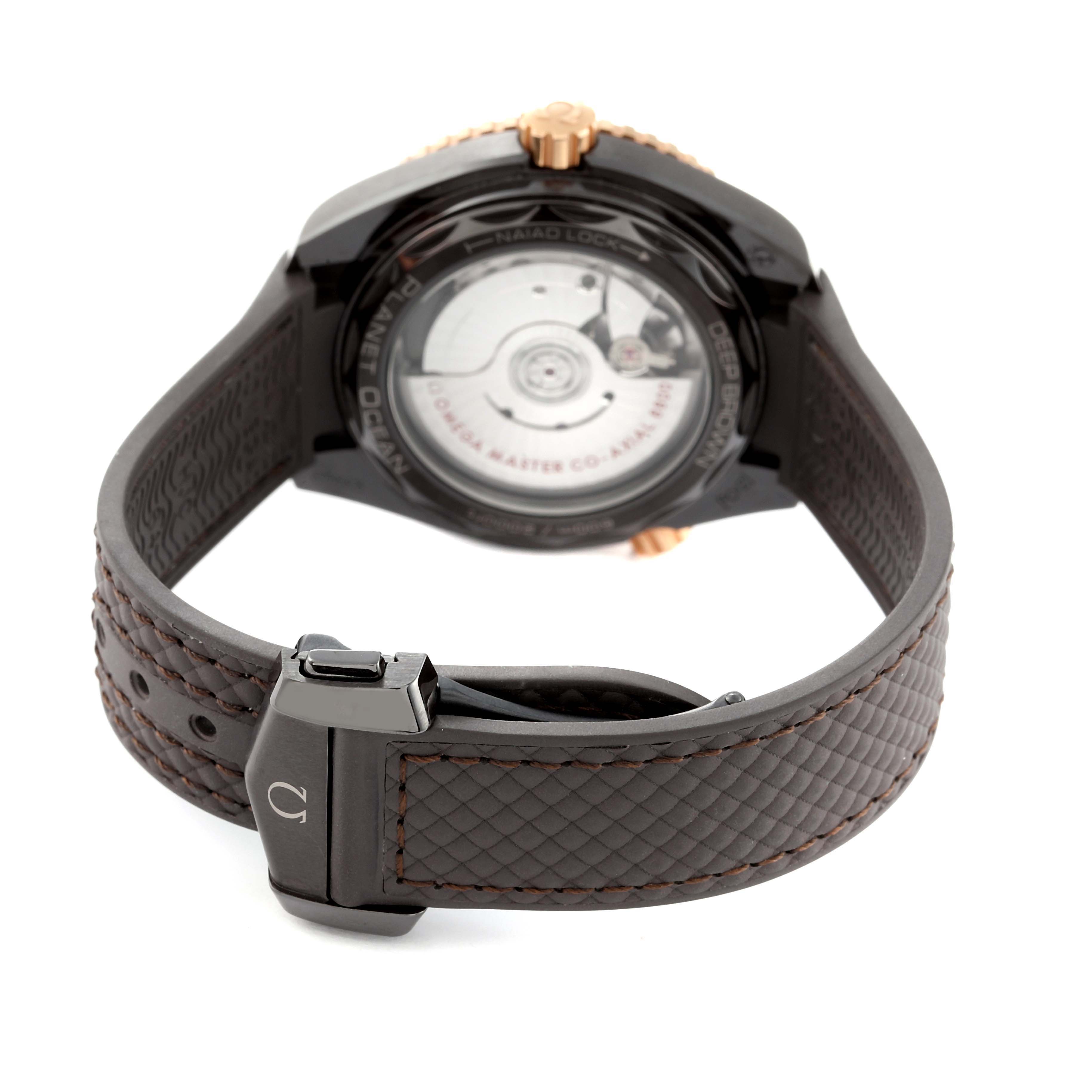 The Omega Planet Ocean 215.62.40.20.13.001 Men's Ceramic Brown Dial watch is shown from the back, highlighting its strap and transparent case back.