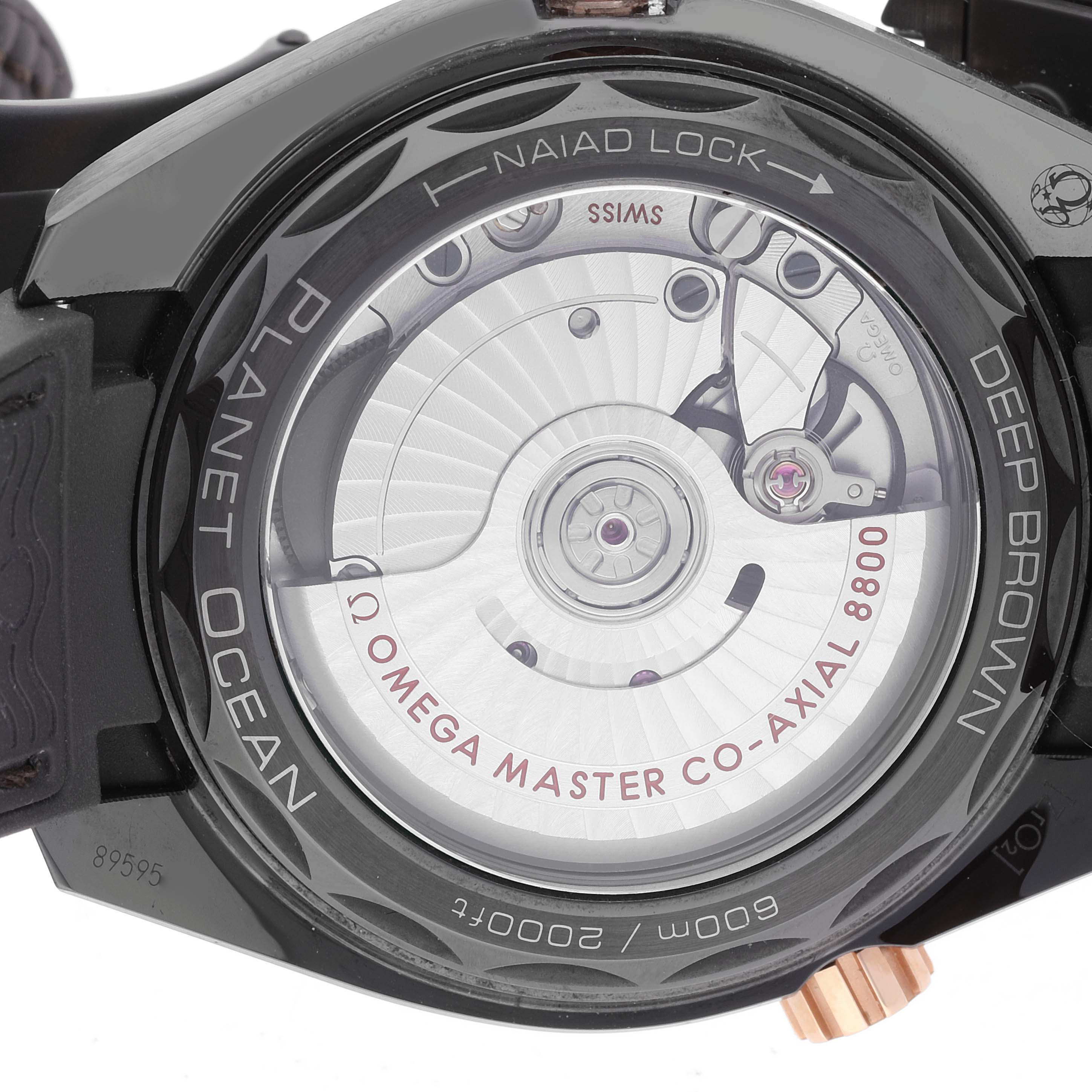 The image shows the back of the Omega Planet Ocean 215.62.40.20.13.001 Men's Ceramic Brown Dial watch, highlighting its transparent case back and movement details.