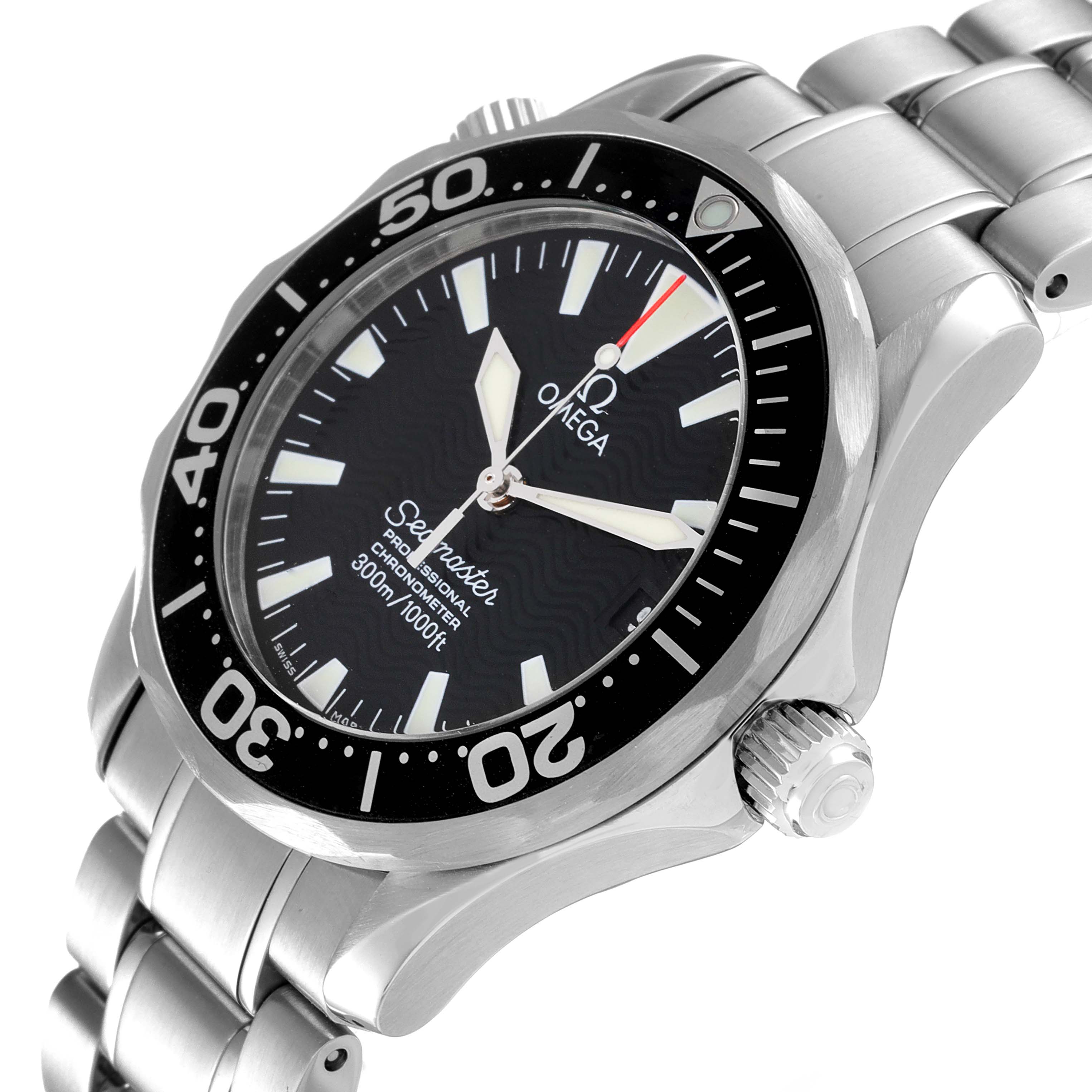 The Omega Seamaster 2252.50.00 Men's Stainless Steel Black Dial 2252.50.00 Men's Stainless Steel Black Dial watch is shown at a three-quarter angle, highlighting its bezel, dial, crown, and metal bracelet.