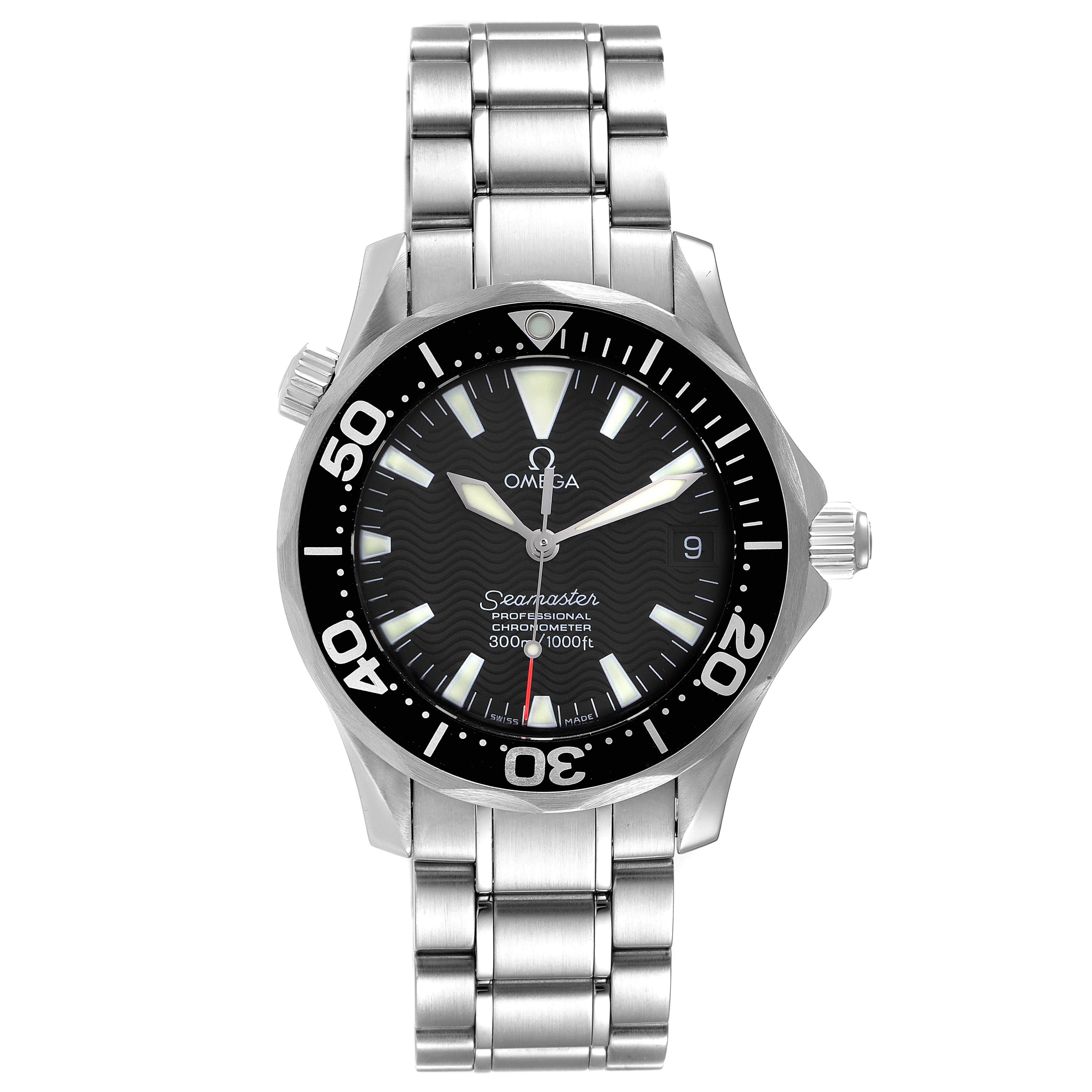 The image shows a front view of the Omega Seamaster 2252.50.00 Men's Stainless Steel Black Dial 2252.50.00 Men's Stainless Steel Black Dial watch, displaying the dial, bezel, case, and stainless steel bracelet.
