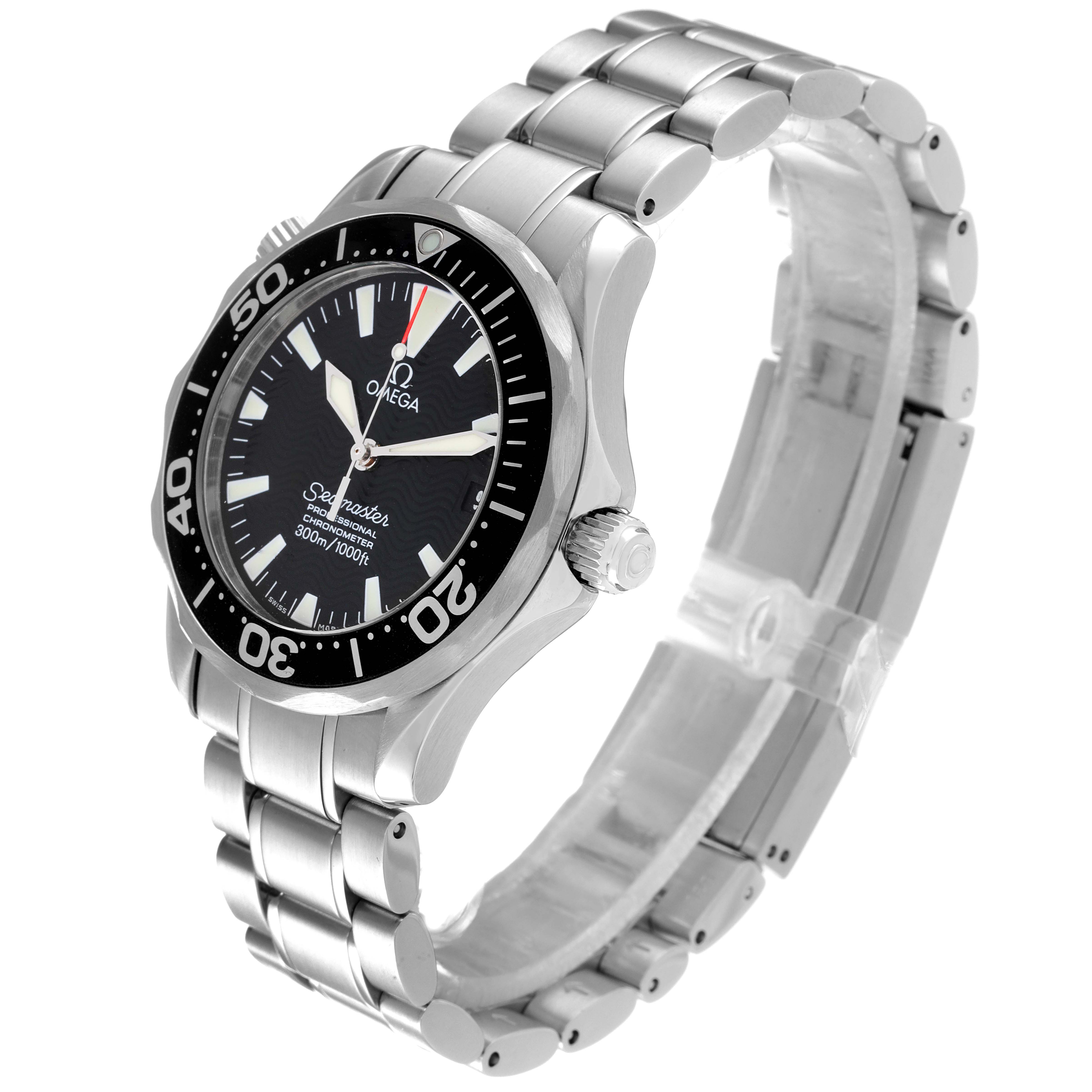 The image shows an angled side view of an Omega Seamaster 2252.50.00 Men's Stainless Steel Black Dial 2252.50.00 Men's Stainless Steel Black Dial watch, highlighting the bezel, dial, hands, case, and bracelet.