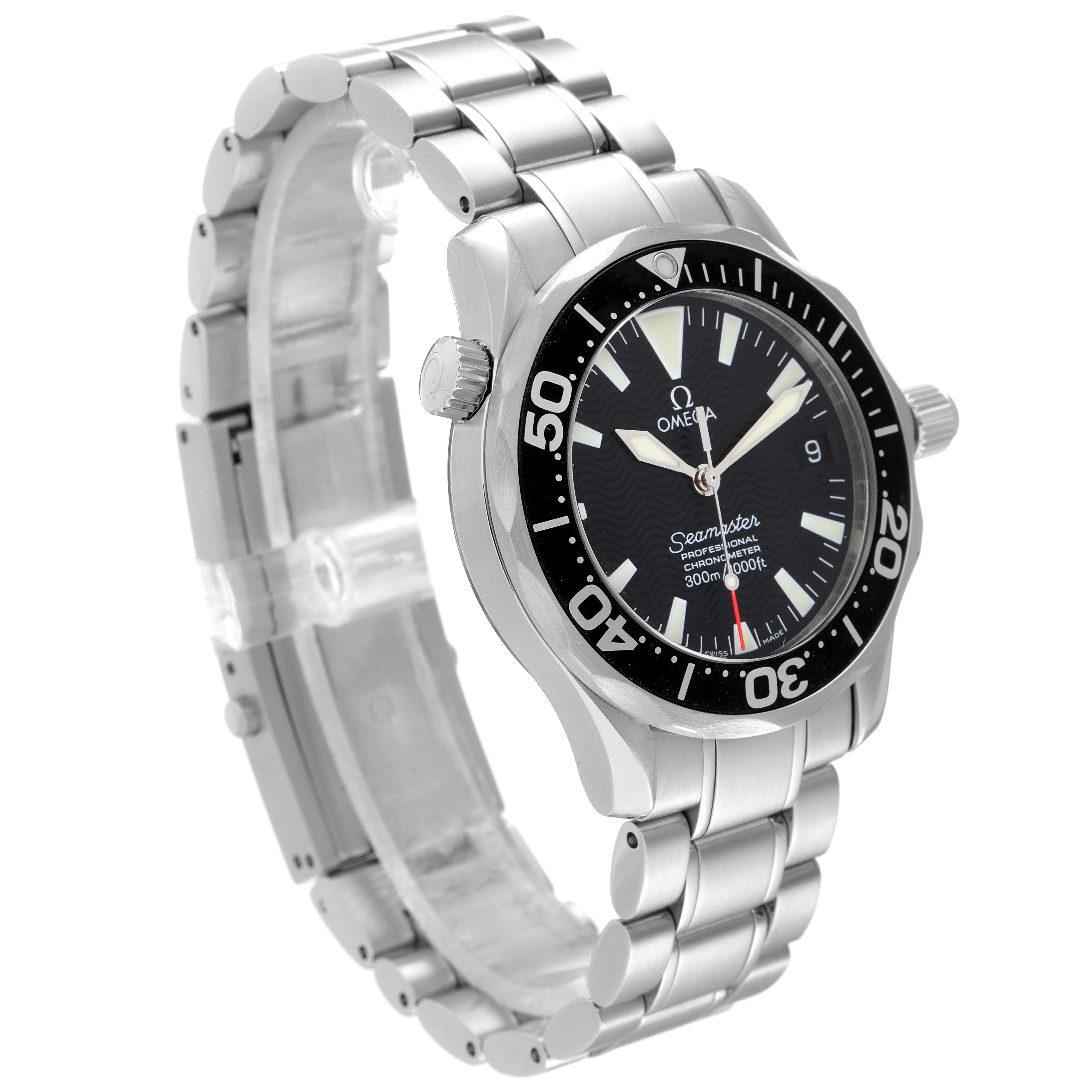 The image shows an Omega Seamaster 2252.50.00 Men's Stainless Steel Black Dial 2252.50.00 Men's Stainless Steel Black Dial watch at a three-quarter angle, displaying its face, bezel, and stainless steel bracelet.