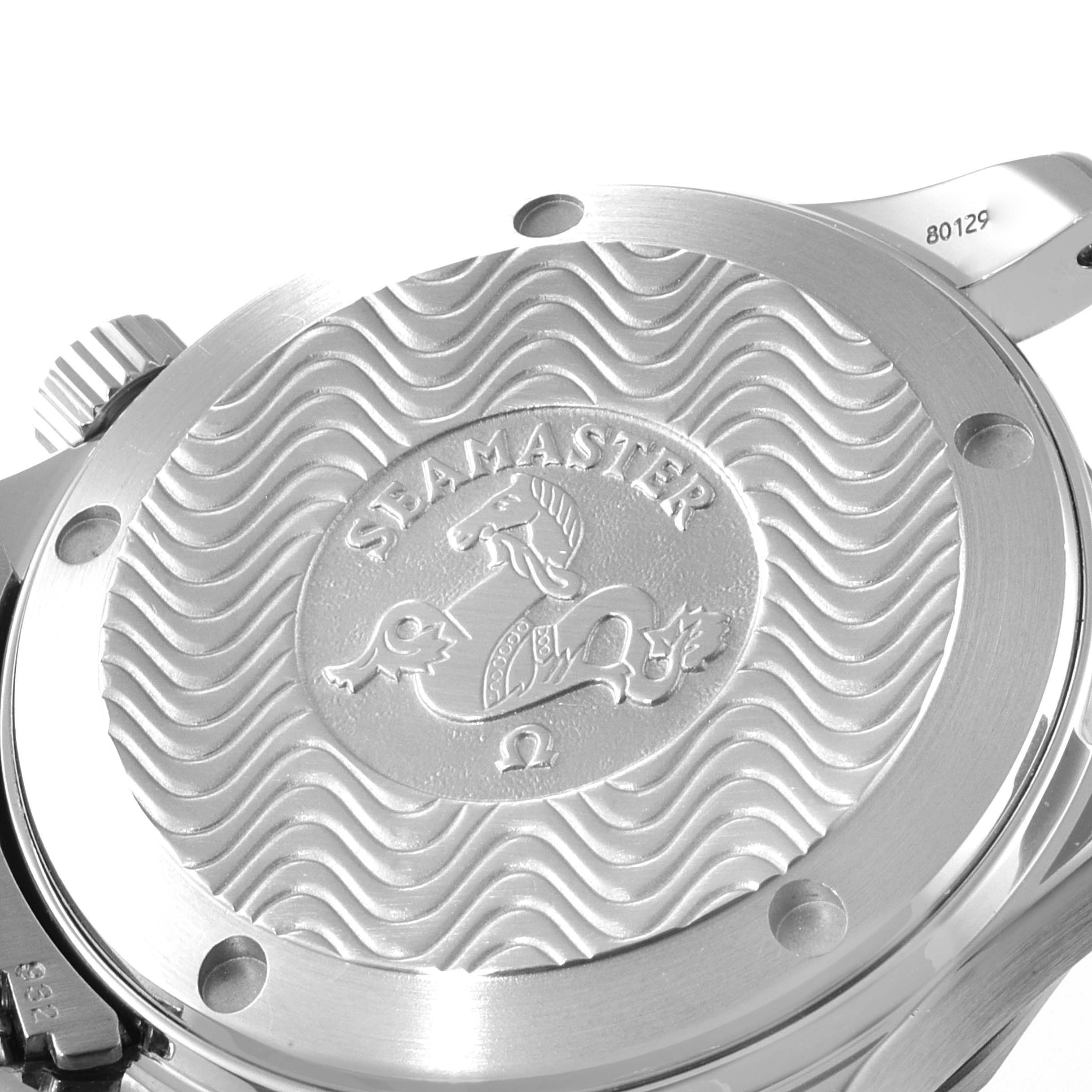 The image shows the back case of the Omega Seamaster 2252.50.00 Men's Stainless Steel Black Dial 2252.50.00 Men's Stainless Steel Black Dial watch, highlighting the engraved logo.