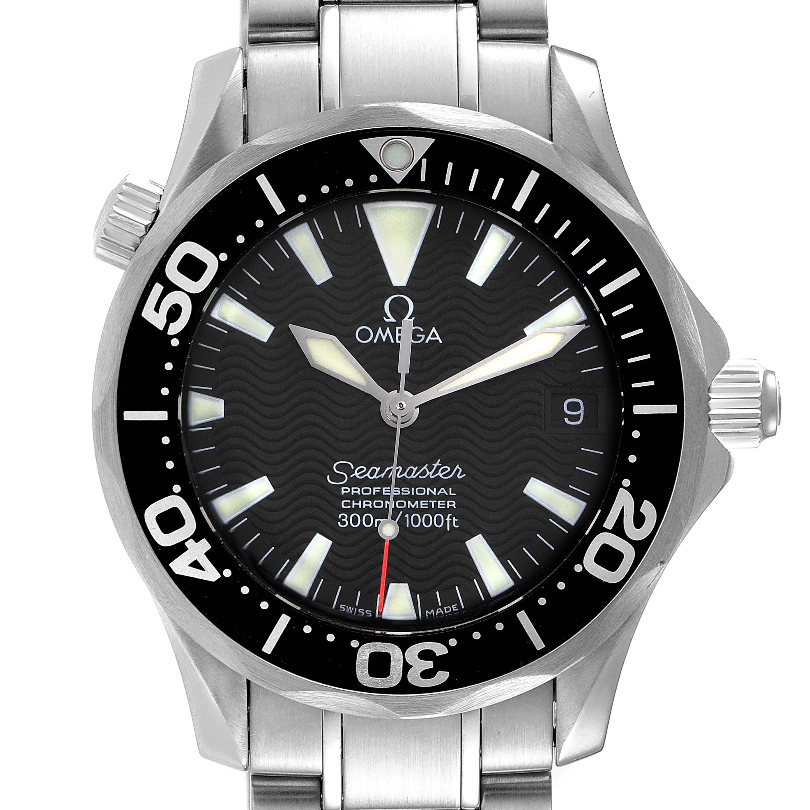 This image shows a close-up front view of the Omega Seamaster 2252.50.00 Men's Stainless Steel Black Dial 2252.50.00 Men's Stainless Steel Black Dial watch, highlighting its dial, bezel, and partially its wristband.