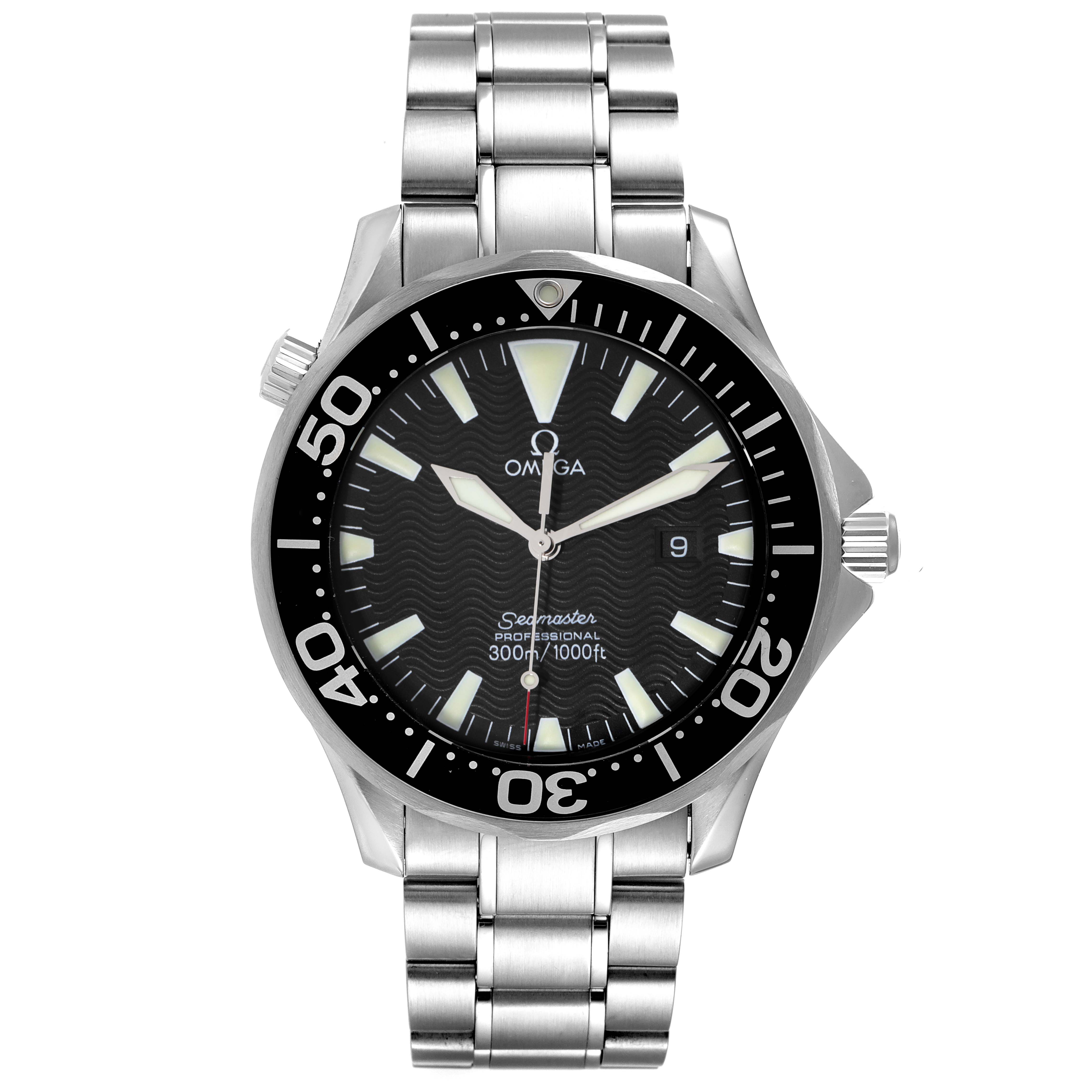 The image shows a front view of the Omega Seamaster 2264.50.00 Men's Stainless Steel Black Dial 2264.50.00 Men's Stainless Steel Black Dial watch, displaying the face, bezel, crown, and stainless steel bracelet.