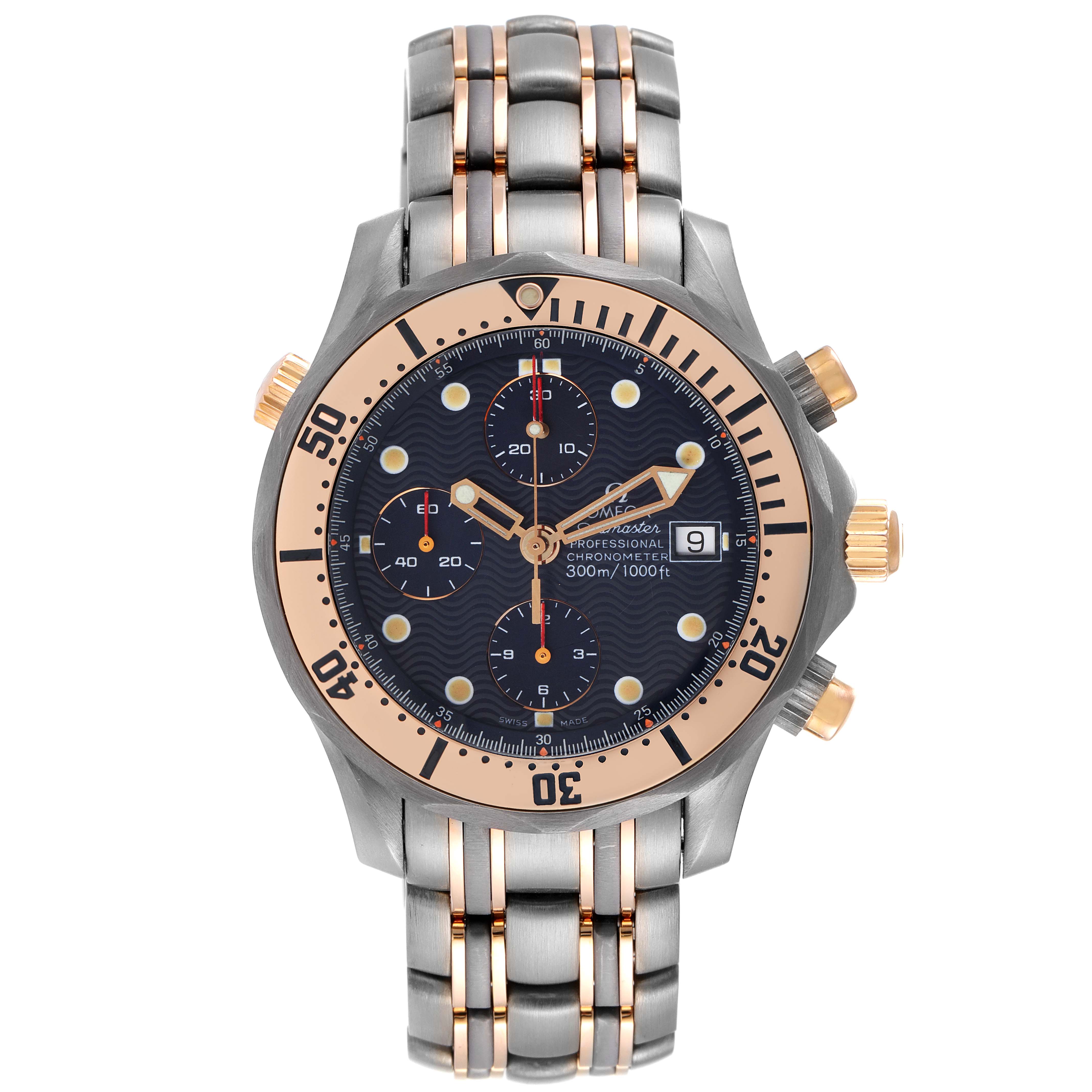 The Omega Seamaster 2296.80.00 Men's Titanium Blue Dial 2296.80.00 Men's Titanium Blue Dial watch is shown from a front angle, highlighting the dial, bezel, and bracelet.