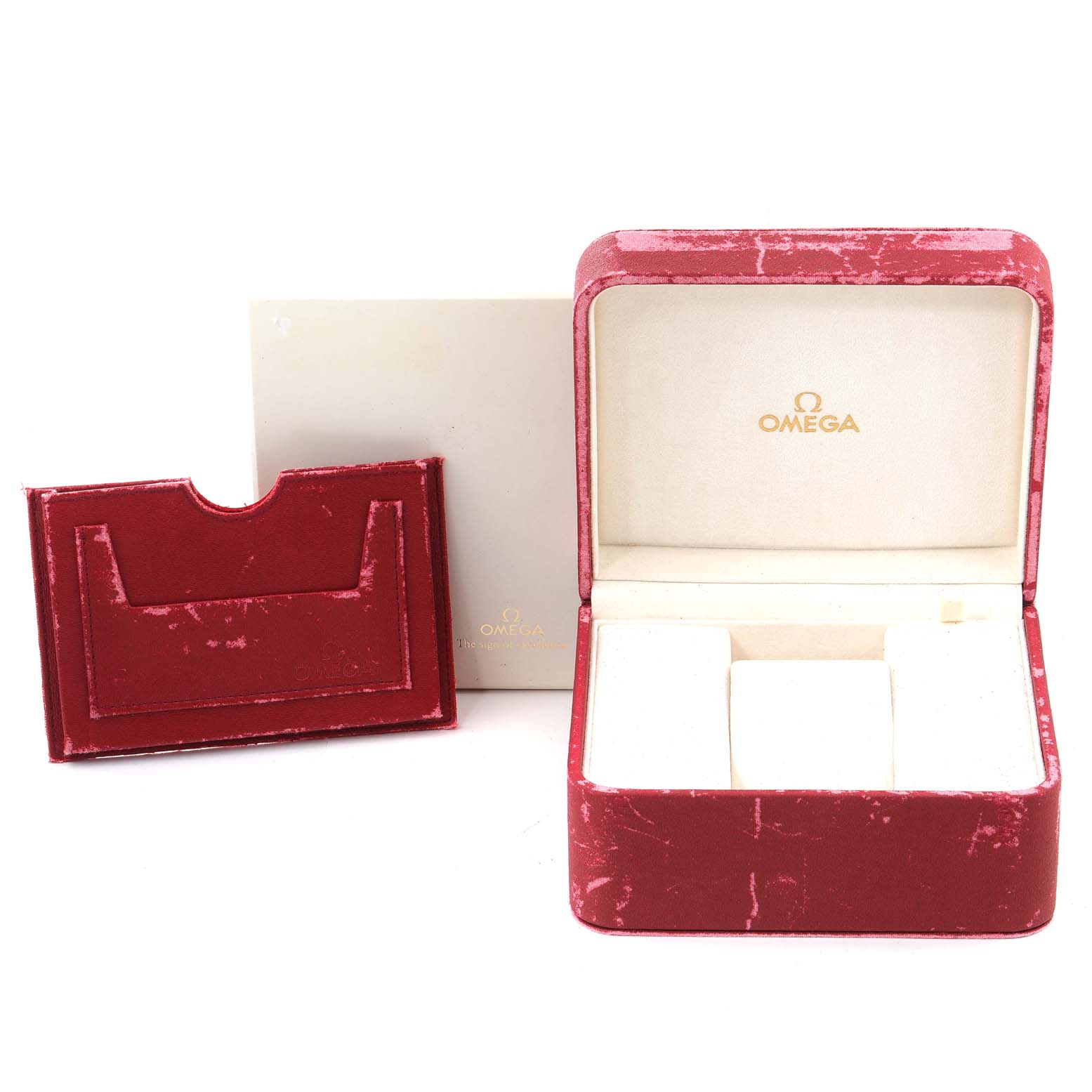 The image shows a red Omega Seamaster 2296.80.00 Men's Titanium Blue Dial 2296.80.00 Men's Titanium Blue Dial watch box, a document holder, and an outer box from a front angle.