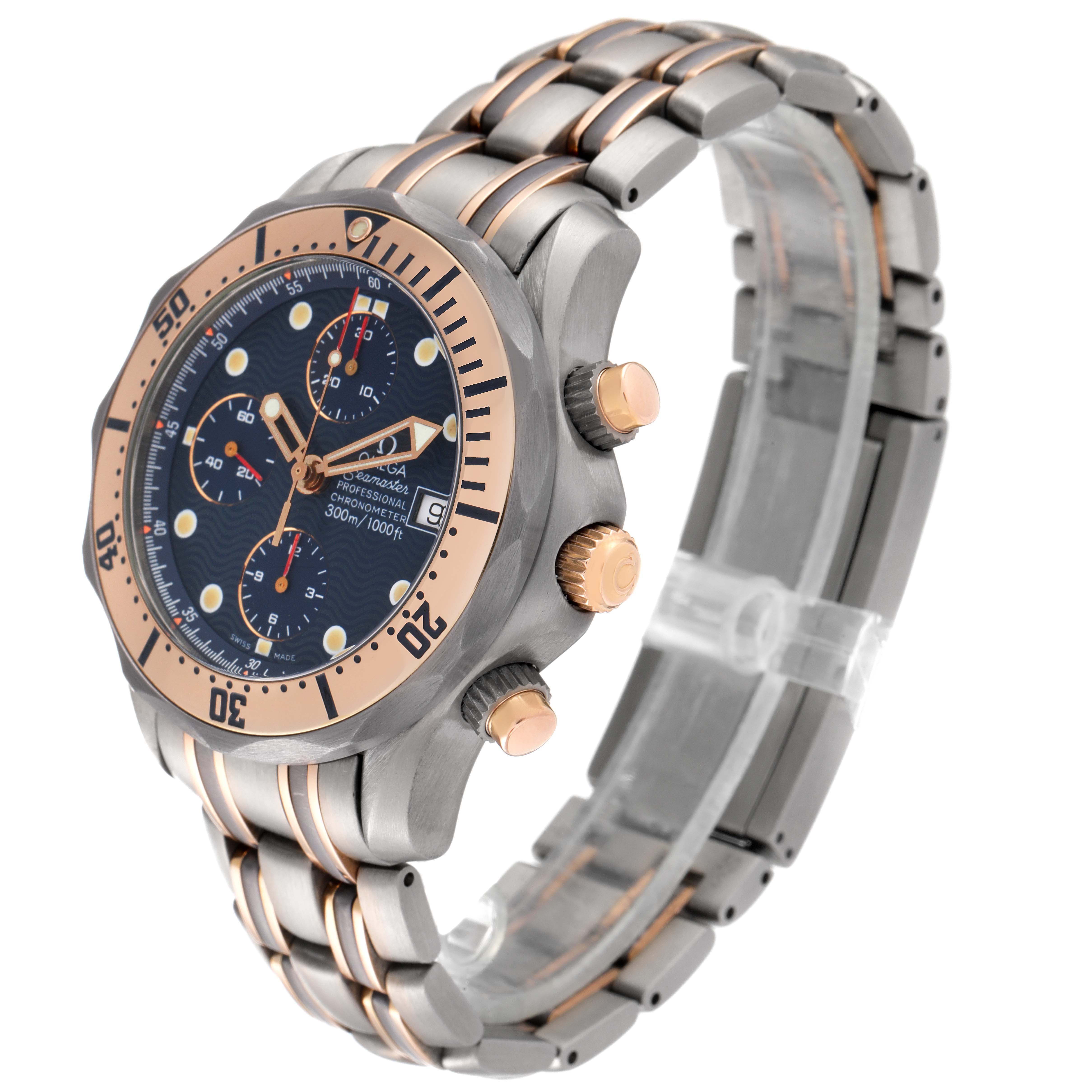 This image shows an angled view of the Omega Seamaster 2296.80.00 Men's Titanium Blue Dial 2296.80.00 Men's Titanium Blue Dial watch highlighting the case, bezel, dial, crown, and bracelet.