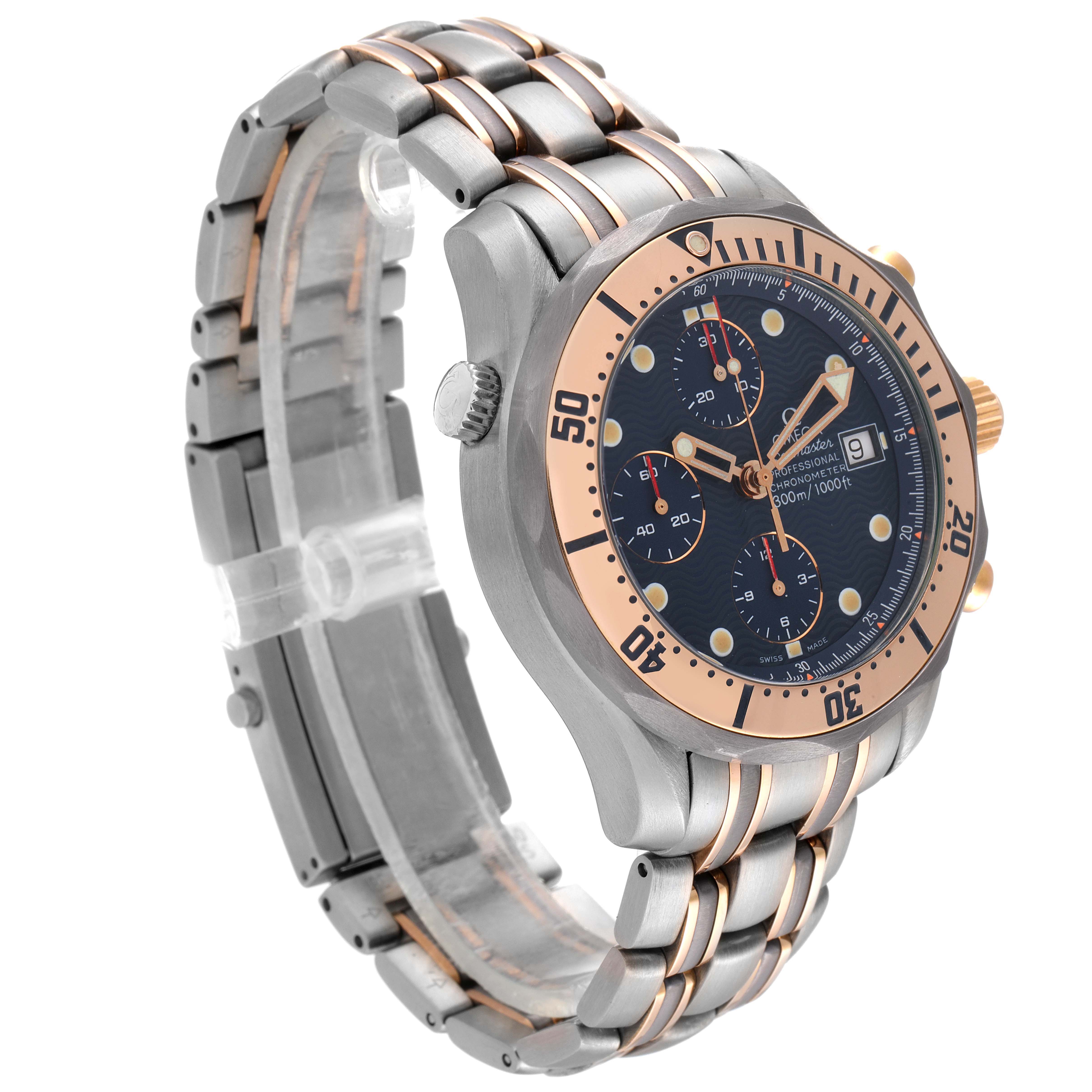 The image shows an angled view of an Omega Seamaster 2296.80.00 Men's Titanium Blue Dial 2296.80.00 Men's Titanium Blue Dial watch, highlighting its stainless steel and rose gold bracelet and bezel.