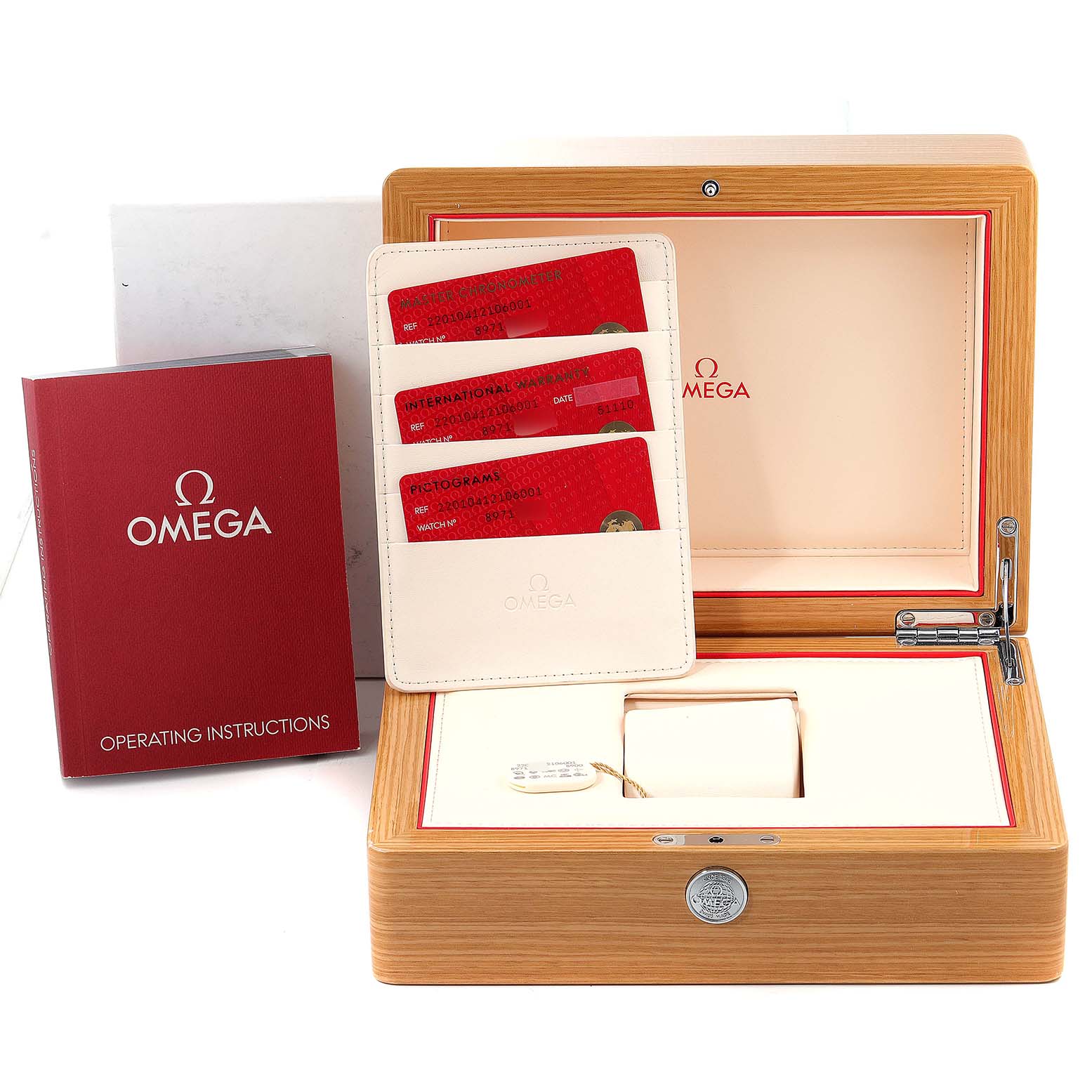 The image shows the box, cards, and operating instructions of the Omega Aqua Terra 220.10.41.21.06.001 Men's Stainless Steel Grey Dial 220.10.41.21.06.001 Men's Stainless Steel Grey Dial watch model from a front angle.