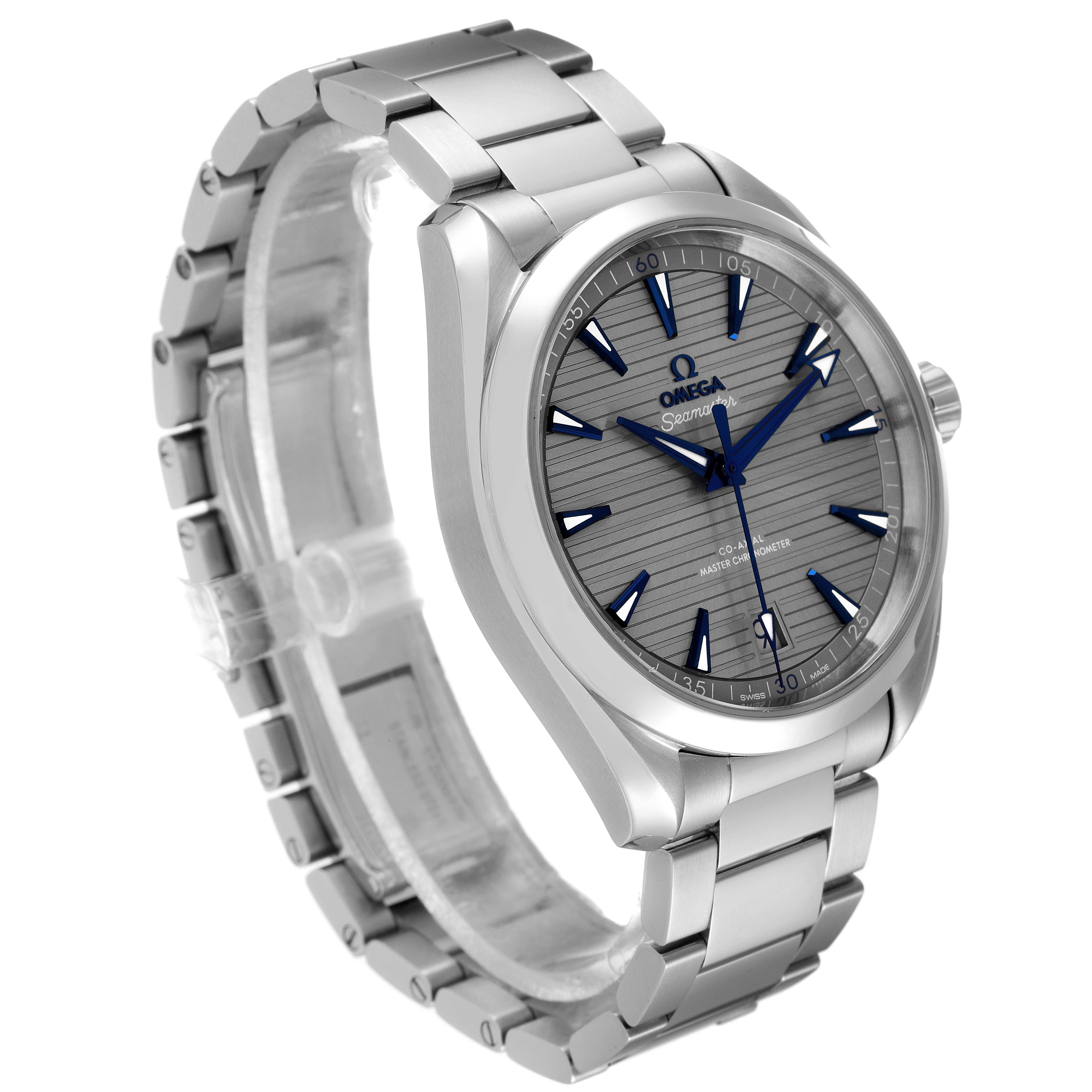 This image shows the side and front view of an Omega Aqua Terra 220.10.41.21.06.001 Men's Stainless Steel Grey Dial 220.10.41.21.06.001 Men's Stainless Steel Grey Dial watch, highlighting its bracelet, case, and dial.