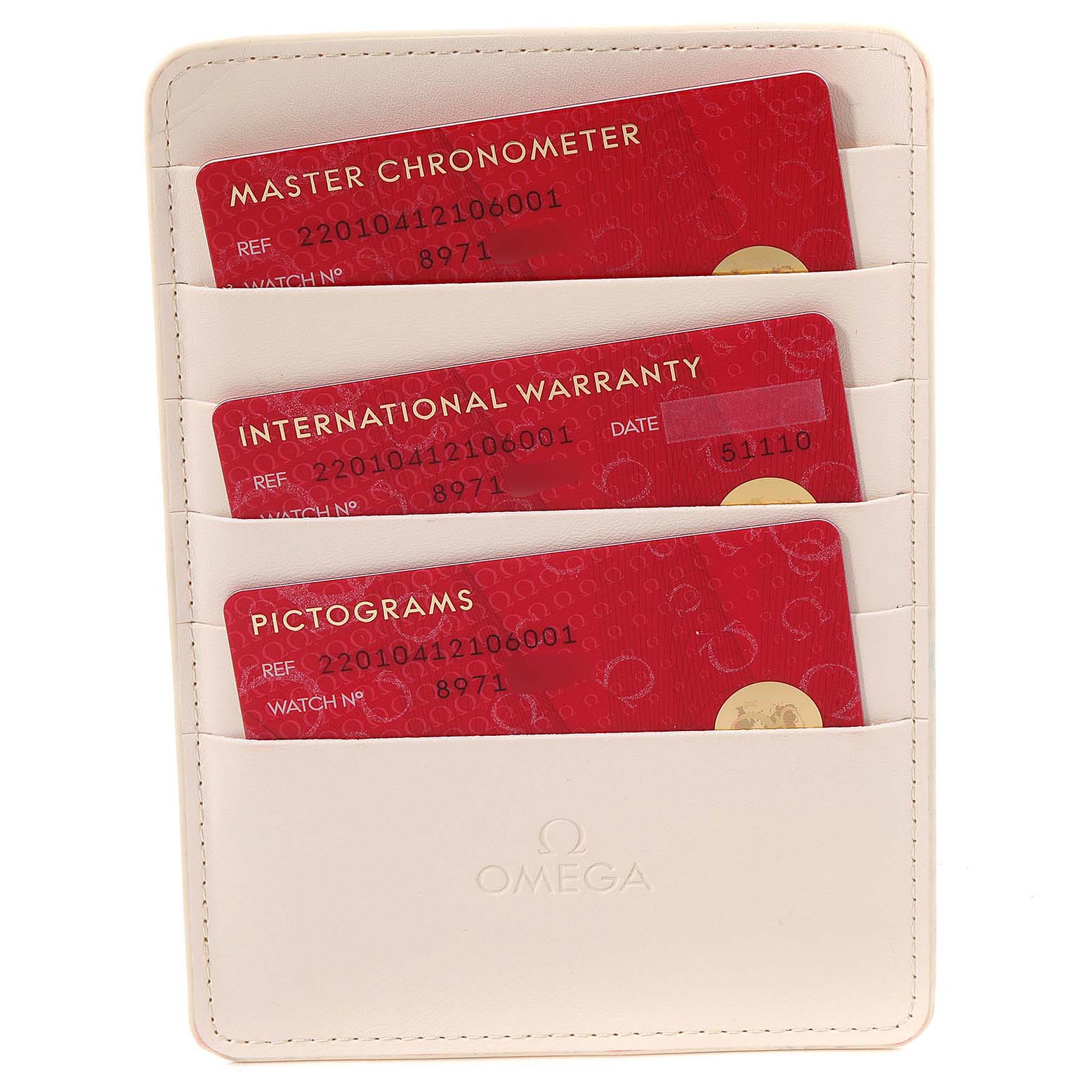 The image shows a holder with Master Chronometer, International Warranty, and Pictogram cards for the Omega Aqua Terra 220.10.41.21.06.001 Men's Stainless Steel Grey Dial 220.10.41.21.06.001 Men's Stainless Steel Grey Dial watch.