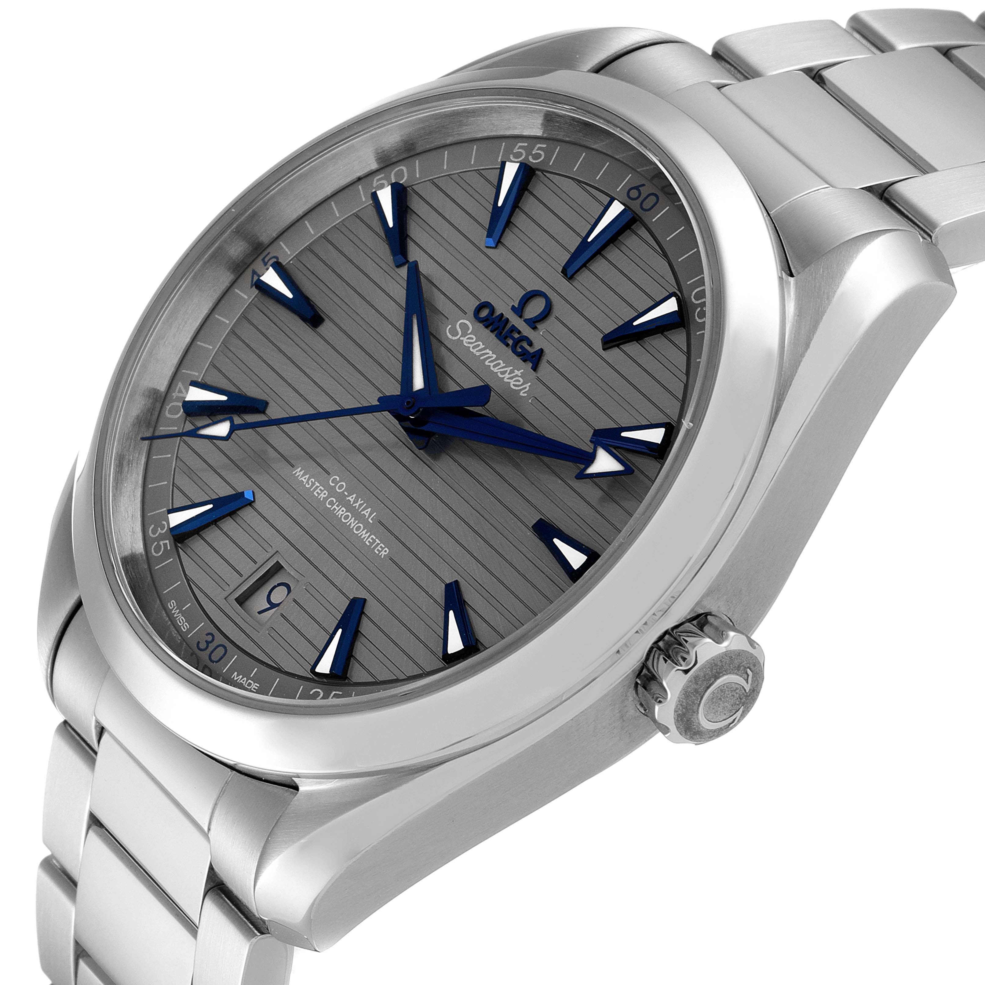 The image shows the Omega Aqua Terra 220.10.41.21.06.001 Men's Stainless Steel Grey Dial 220.10.41.21.06.001 Men's Stainless Steel Grey Dial model watch from a three-quarter angle, highlighting its face, bezel, and bracelet.