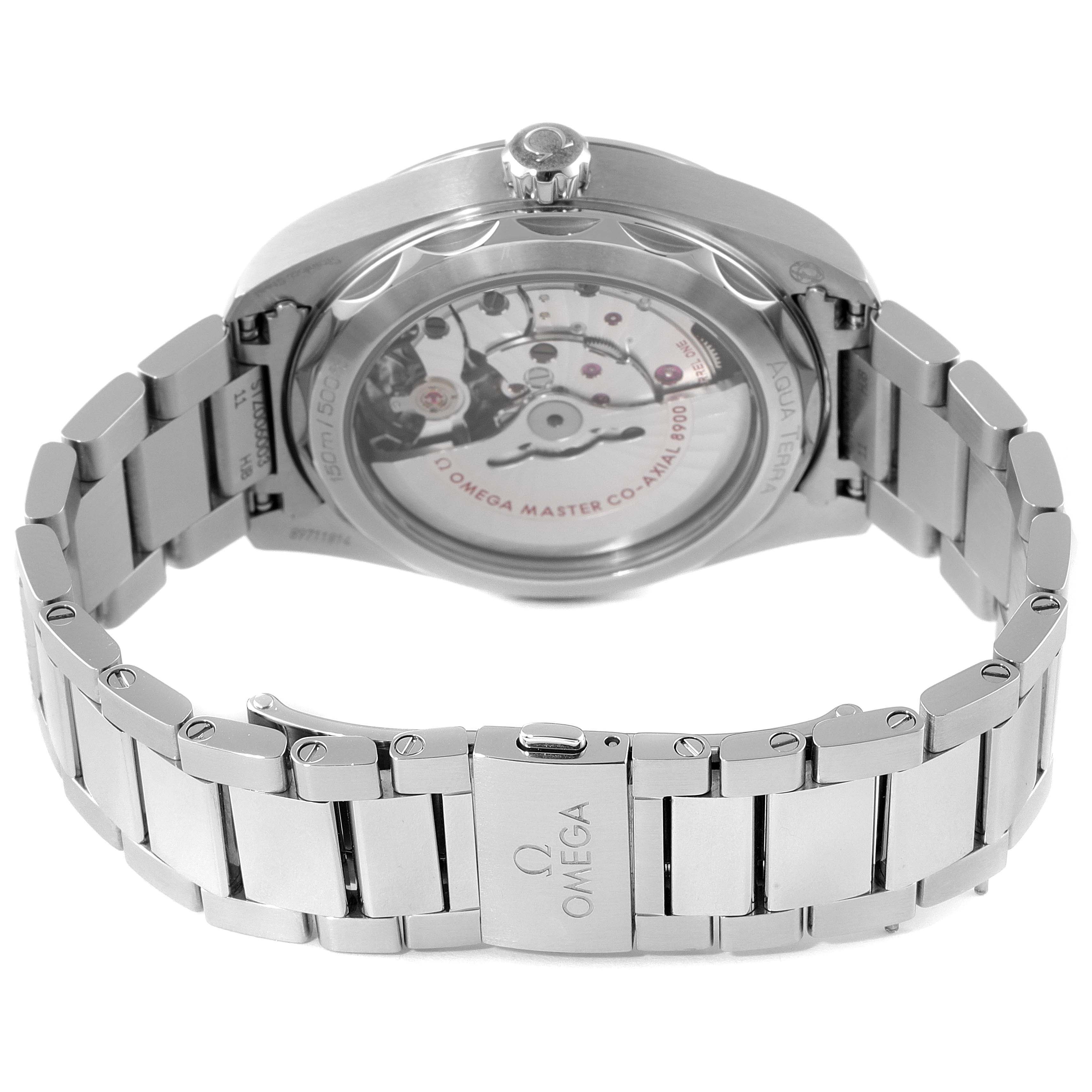 The image shows the case back and bracelet of the Omega Aqua Terra 220.10.41.21.06.001 Men's Stainless Steel Grey Dial 220.10.41.21.06.001 Men's Stainless Steel Grey Dial watch, highlighting its transparent case back and clasp.