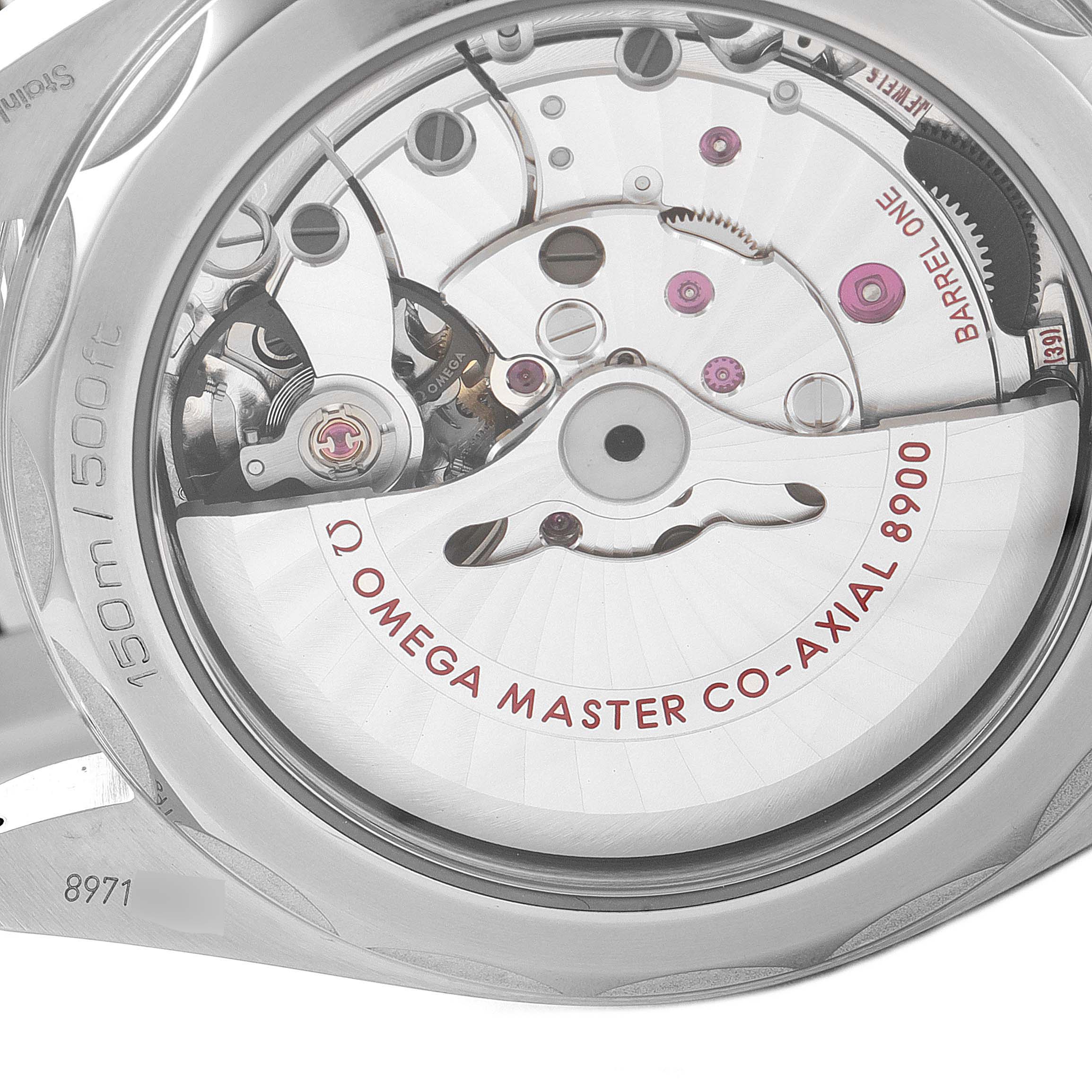 The image shows the back view of the Omega Aqua Terra 220.10.41.21.06.001 Men's Stainless Steel Grey Dial 220.10.41.21.06.001 Men's Stainless Steel Grey Dial watch, highlighting the mechanical movement and rotor marked "Omega Master Co-Axial 8900."