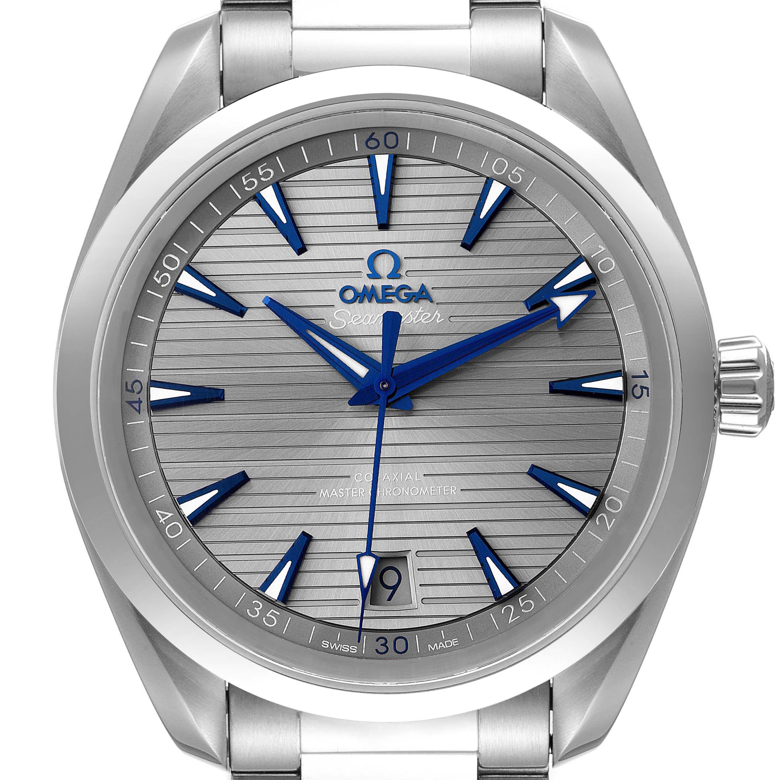 The image shows a front view of the Omega Seamaster Aqua Terra watch, displaying the dial, hands, bezel, and part of the bracelet.
