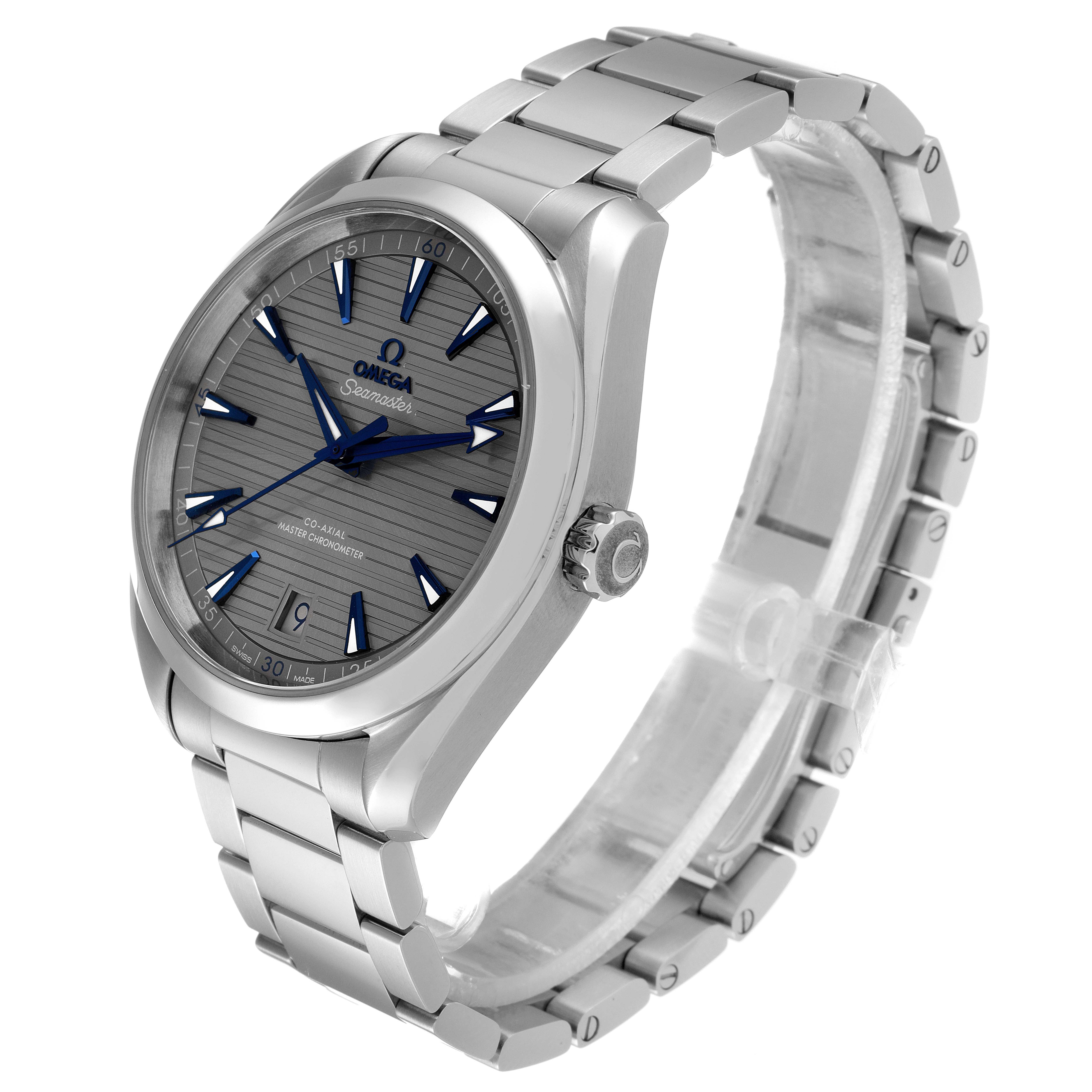 The Omega Aqua Terra 220.10.41.21.06.001 Men's Stainless Steel Grey Dial 220.10.41.21.06.001 Men's Stainless Steel Grey Dial watch is shown at a three-quarter angle displaying the face, bezel, case, crown, and part of the bracelet.