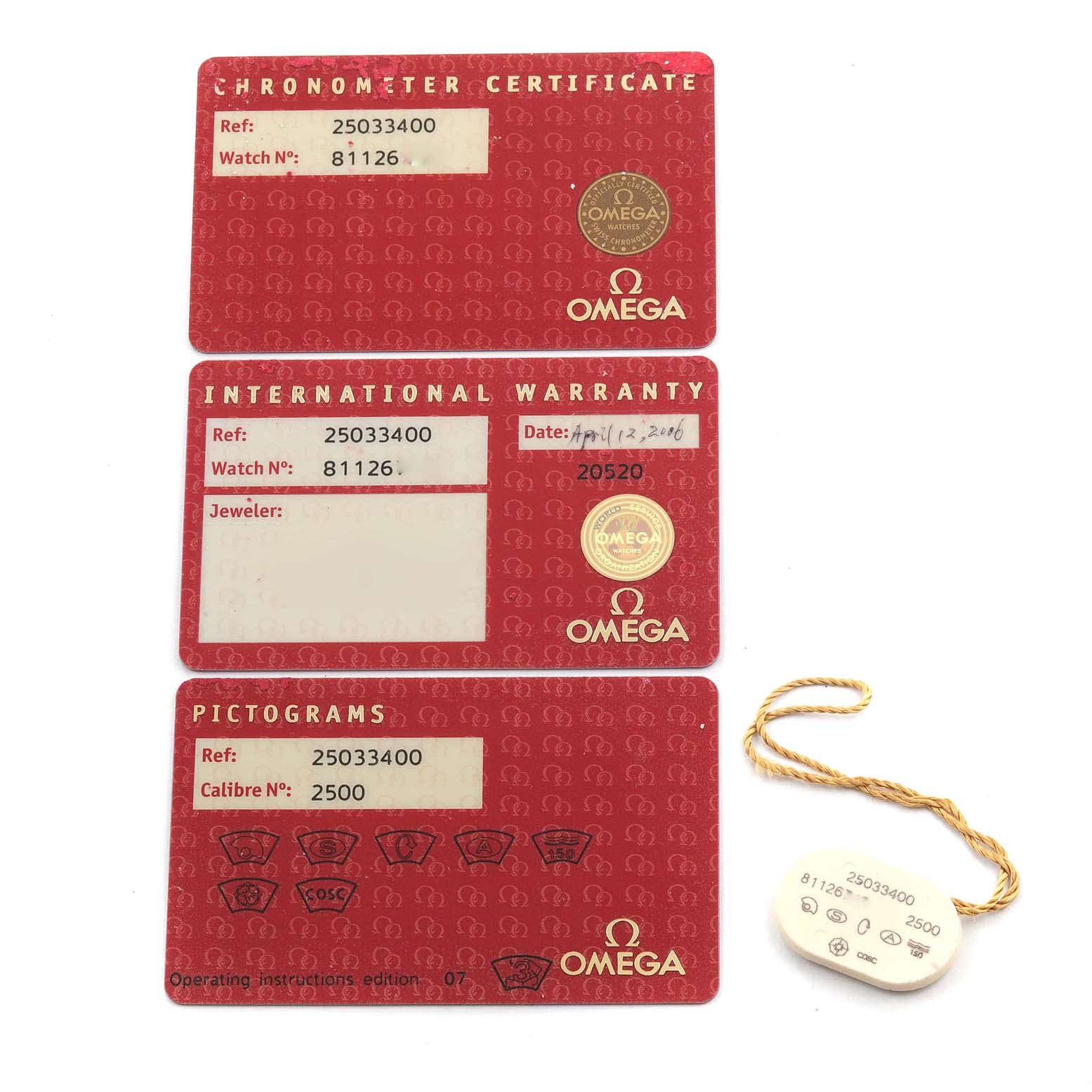 This image shows three cards (Chronometer Certificate, International Warranty, and Pictograms) and a tag for the Omega Aqua Terra 2503.34.00 Men's Stainless Steel Silver Dial 2503.34.00 Men's Stainless Steel Silver Dial watch.