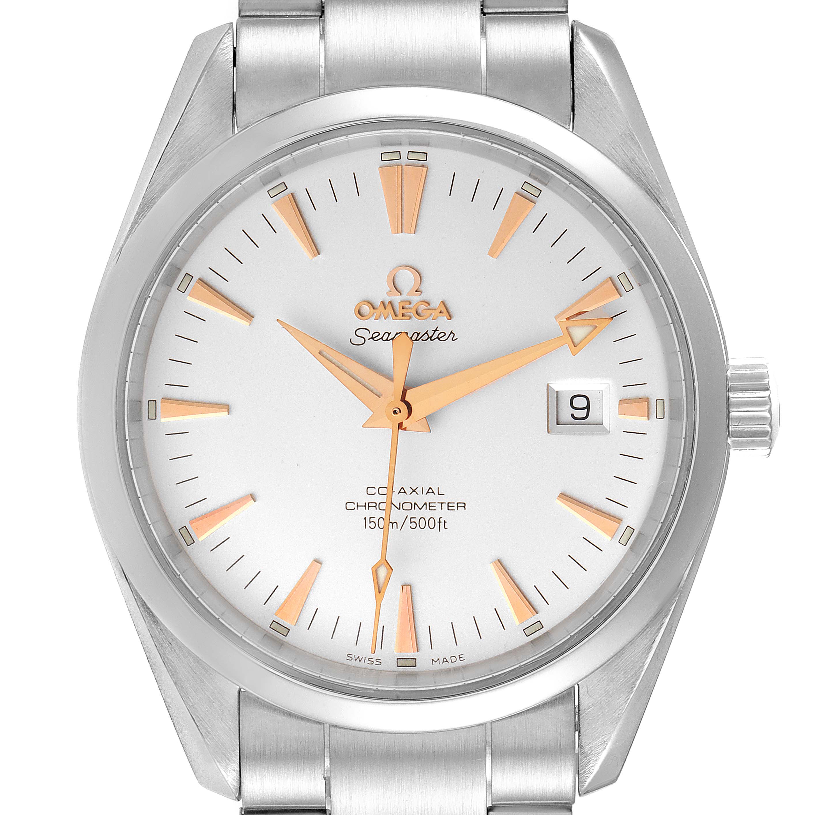 The image shows a front view of the Omega Aqua Terra 2503.34.00 Men's Stainless Steel Silver Dial 2503.34.00 Men's Stainless Steel Silver Dial watch, highlighting its dial, hands, markers, and bracelet.