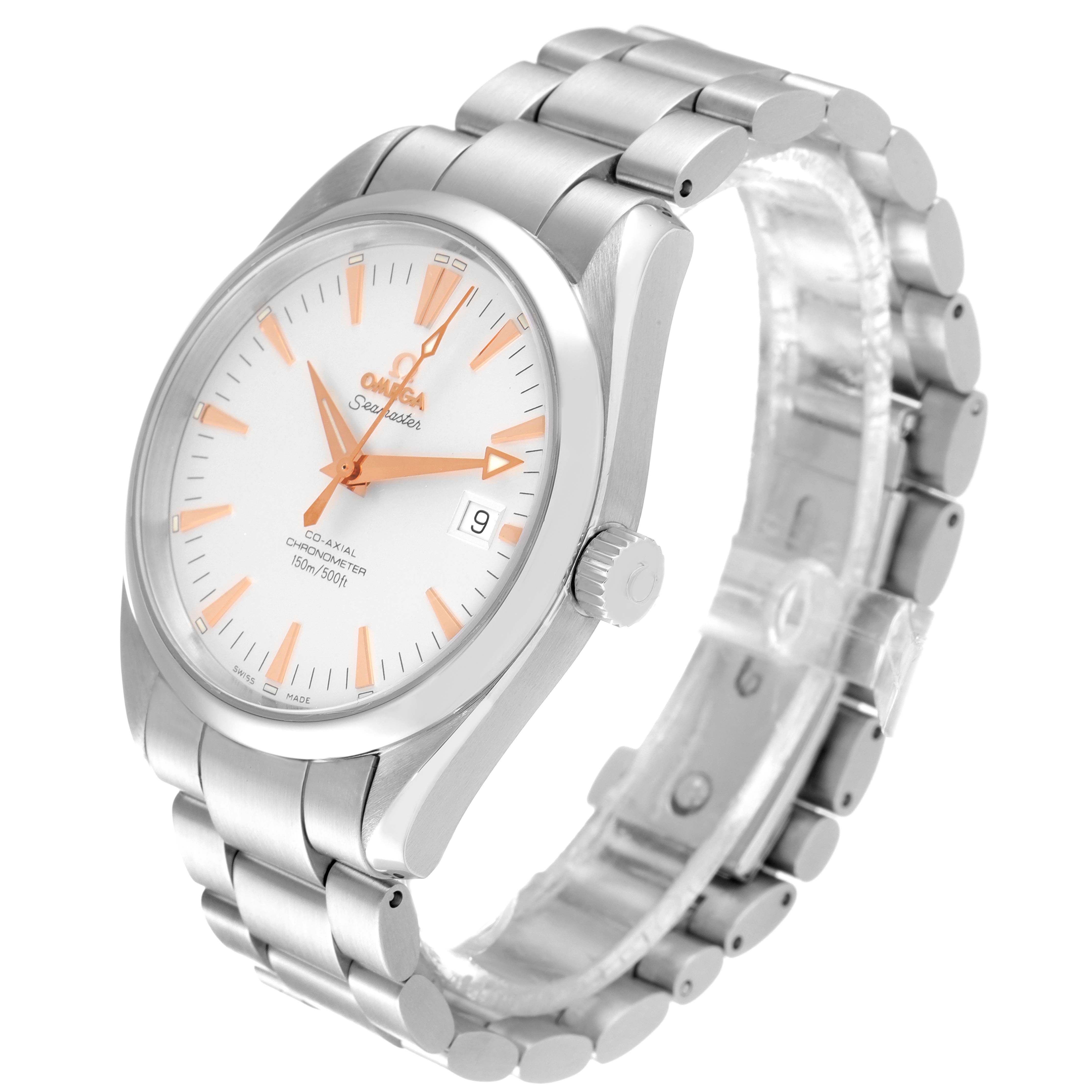 The Omega Aqua Terra 2503.34.00 Men's Stainless Steel Silver Dial 2503.34.00 Men's Stainless Steel Silver Dial watch is shown at a three-quarter angle, highlighting the face, dial, crown, and bracelet.