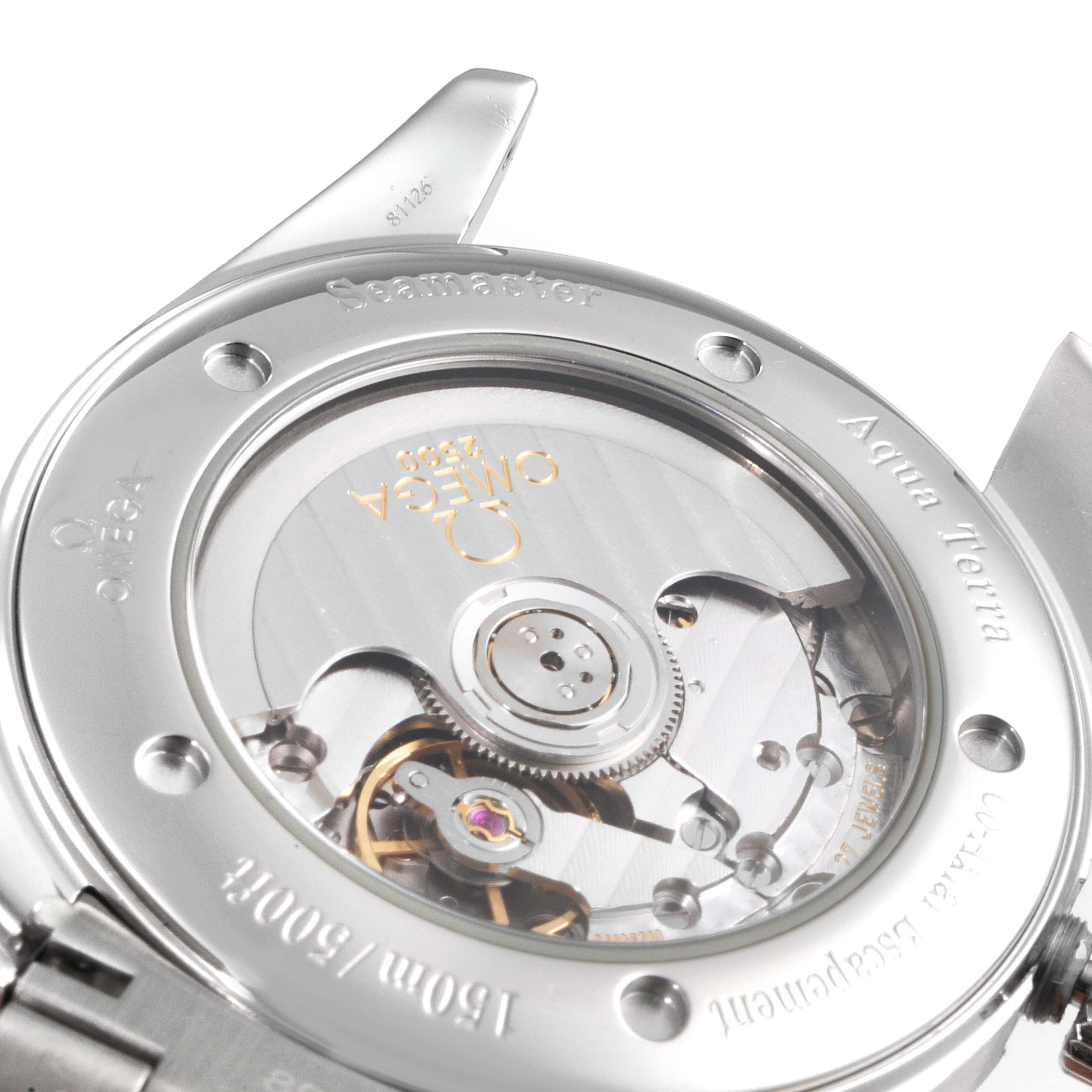 The image shows the back of an Omega Aqua Terra 2503.34.00 Men's Stainless Steel Silver Dial 2503.34.00 Men's Stainless Steel Silver Dial watch, highlighting its visible inner mechanism and branded inscriptions.
