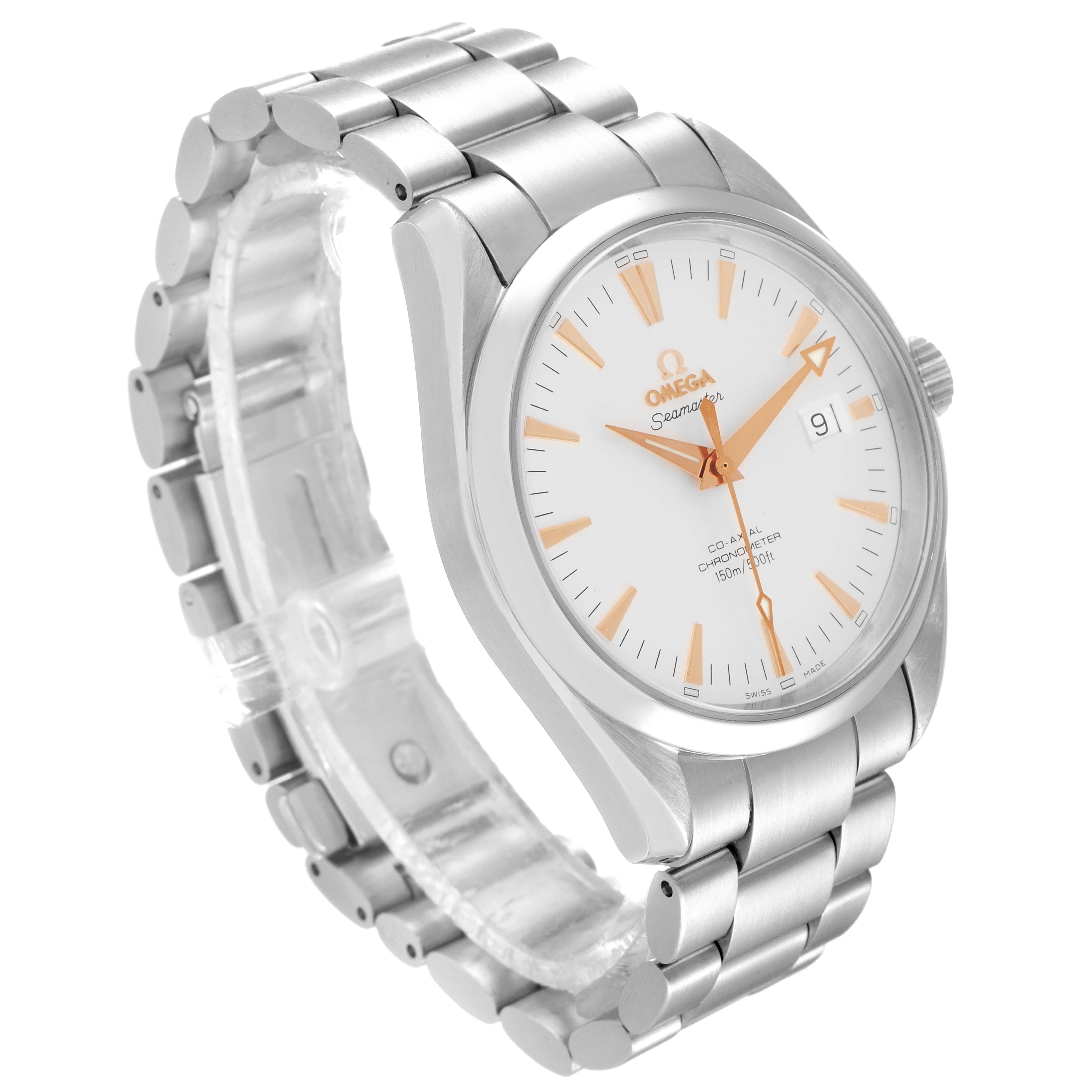The image shows an Omega Aqua Terra 2503.34.00 Men's Stainless Steel Silver Dial 2503.34.00 Men's Stainless Steel Silver Dial watch angled to display the face, dial, crown, and stainless steel bracelet.