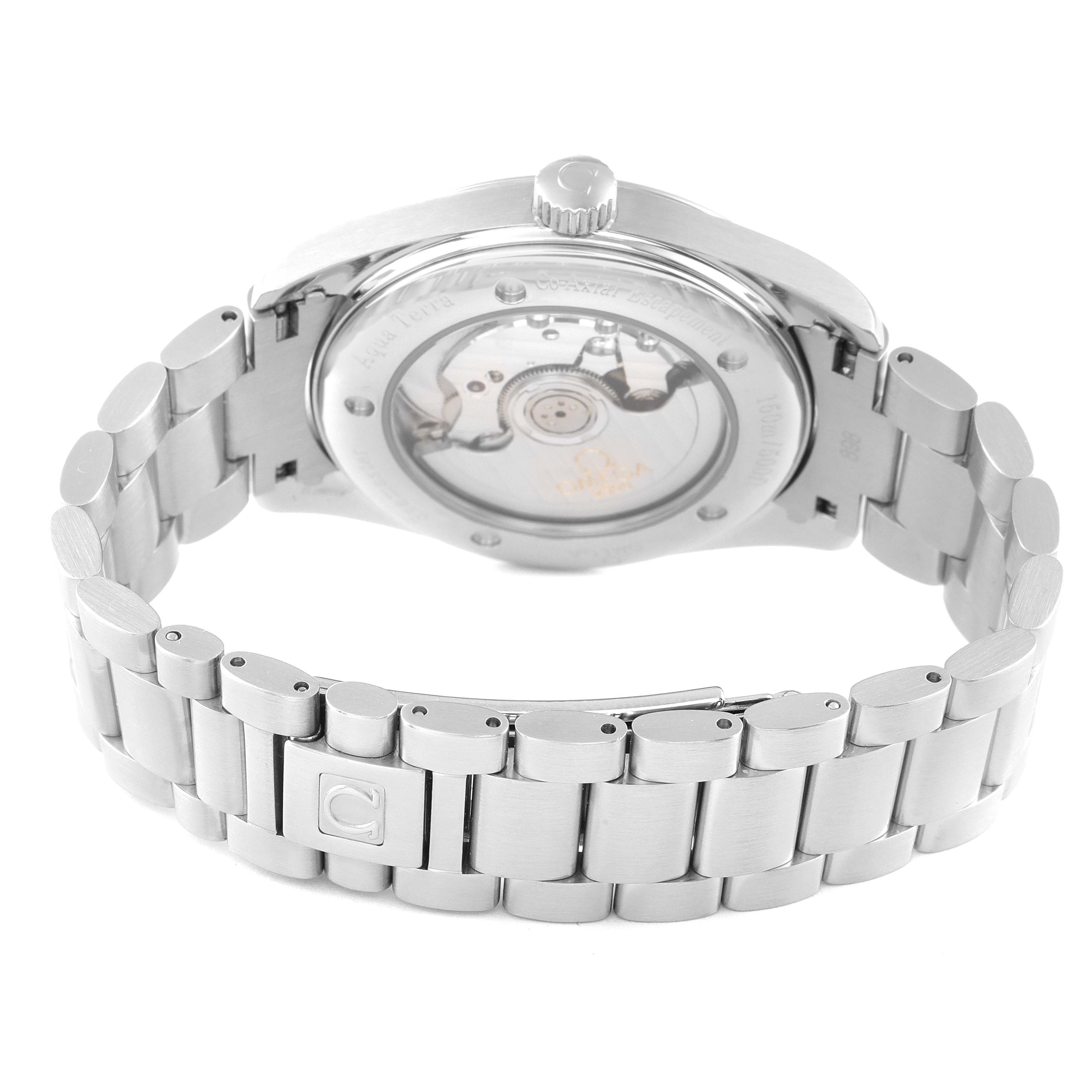This image shows the back view of the Omega Aqua Terra 2503.34.00 Men's Stainless Steel Silver Dial 2503.34.00 Men's Stainless Steel Silver Dial watch, highlighting its bracelet, case back, and mechanical movement.