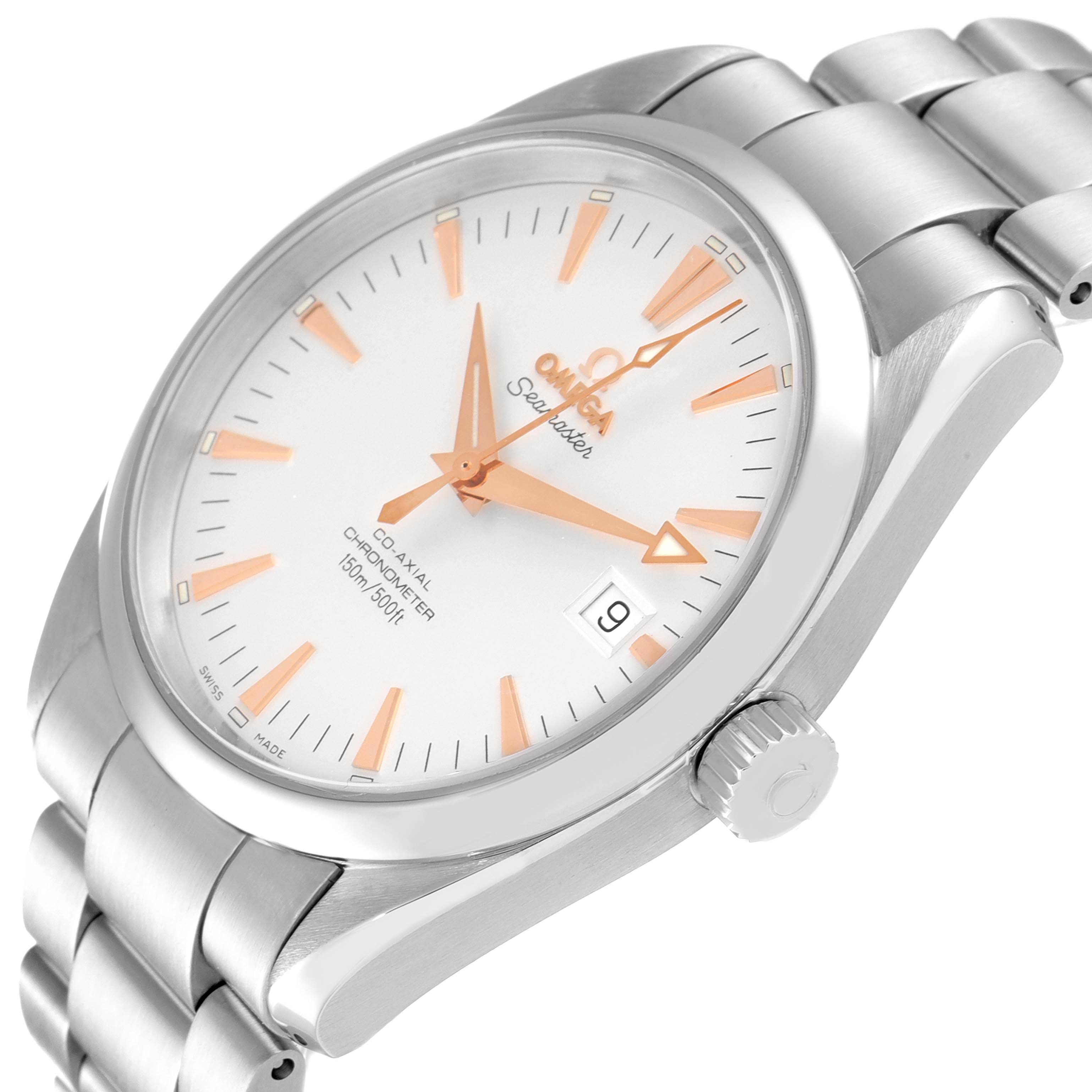 The image shows an angled view of an Omega Aqua Terra 2503.34.00 Men's Stainless Steel Silver Dial 2503.34.00 Men's Stainless Steel Silver Dial watch, displaying the dial, crown, and bracelet.