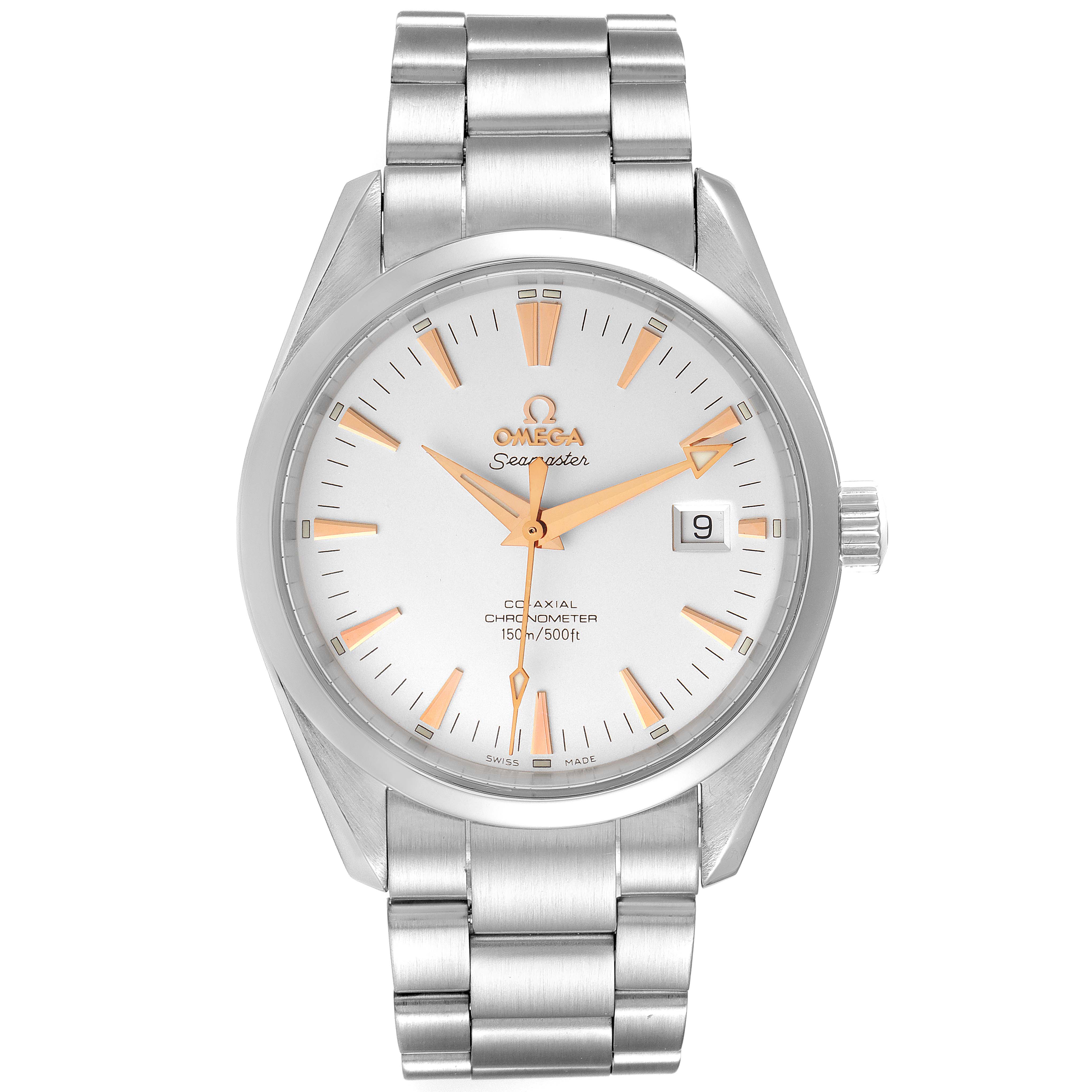 The image shows a front view of the Omega Aqua Terra 2503.34.00 Men's Stainless Steel Silver Dial 2503.34.00 Men's Stainless Steel Silver Dial model watch, displaying its face, hands, date window, and stainless steel bracelet.