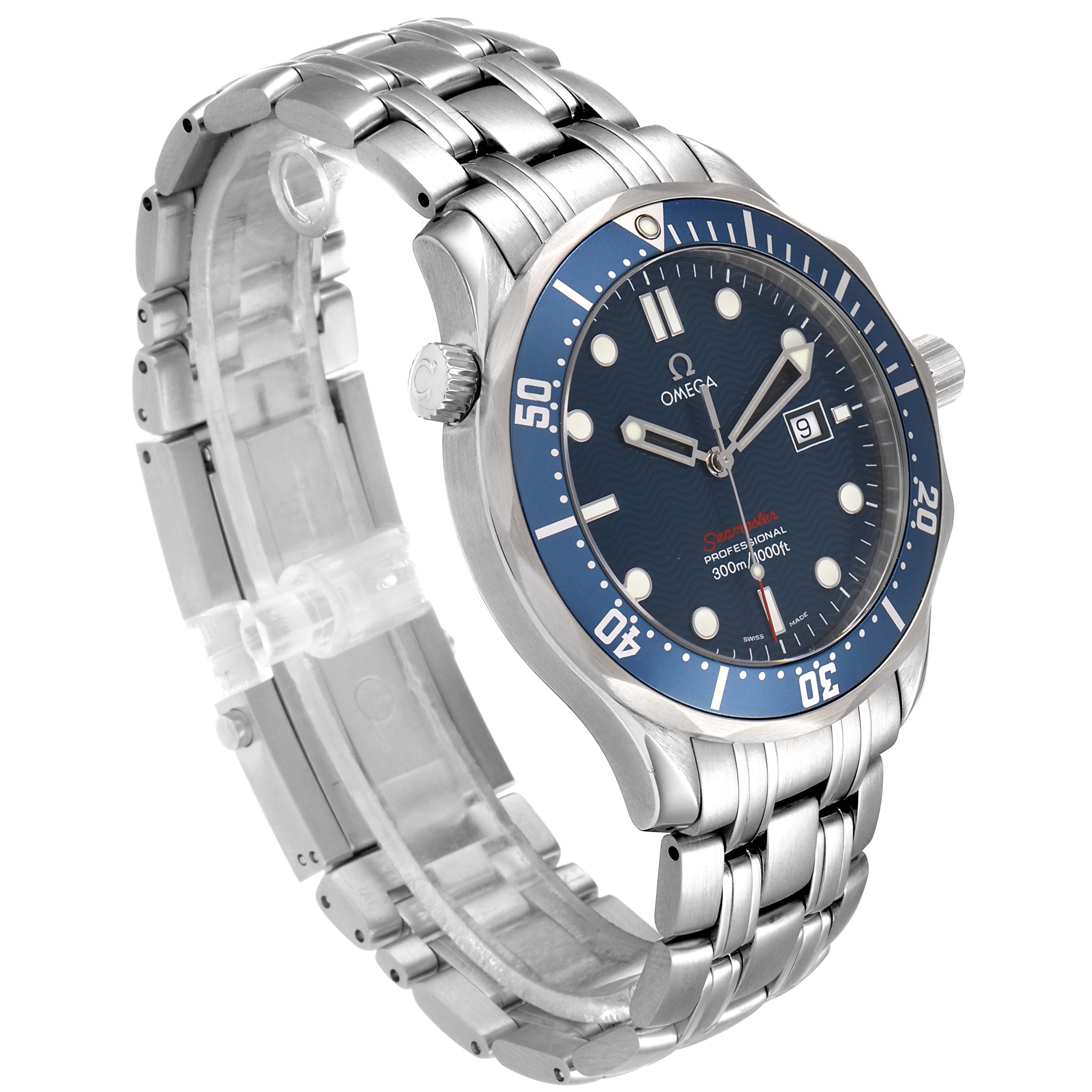 The Omega Seamaster 2221.80.00 Men
s Stainless Steel Blue Dial 2221.80.00 Men
s Stainless Steel Blue Dial watch is shown at a three-quarter angle, highlighting the bracelet, bezel, and face with date display.