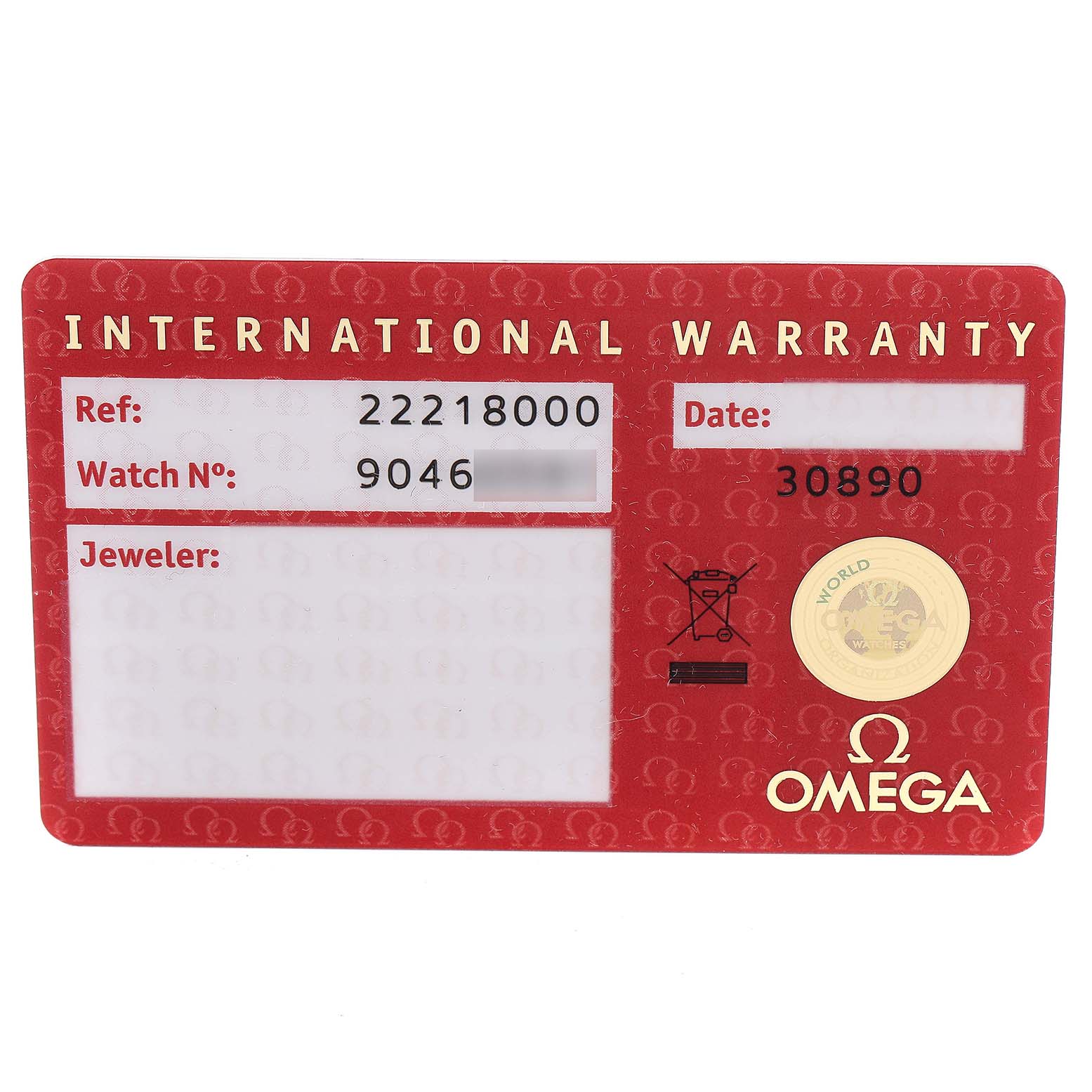 The image shows an Omega Seamaster 2221.80.00 Men
s Stainless Steel Blue Dial 2221.80.00 Men
s Stainless Steel Blue Dial International Warranty card.